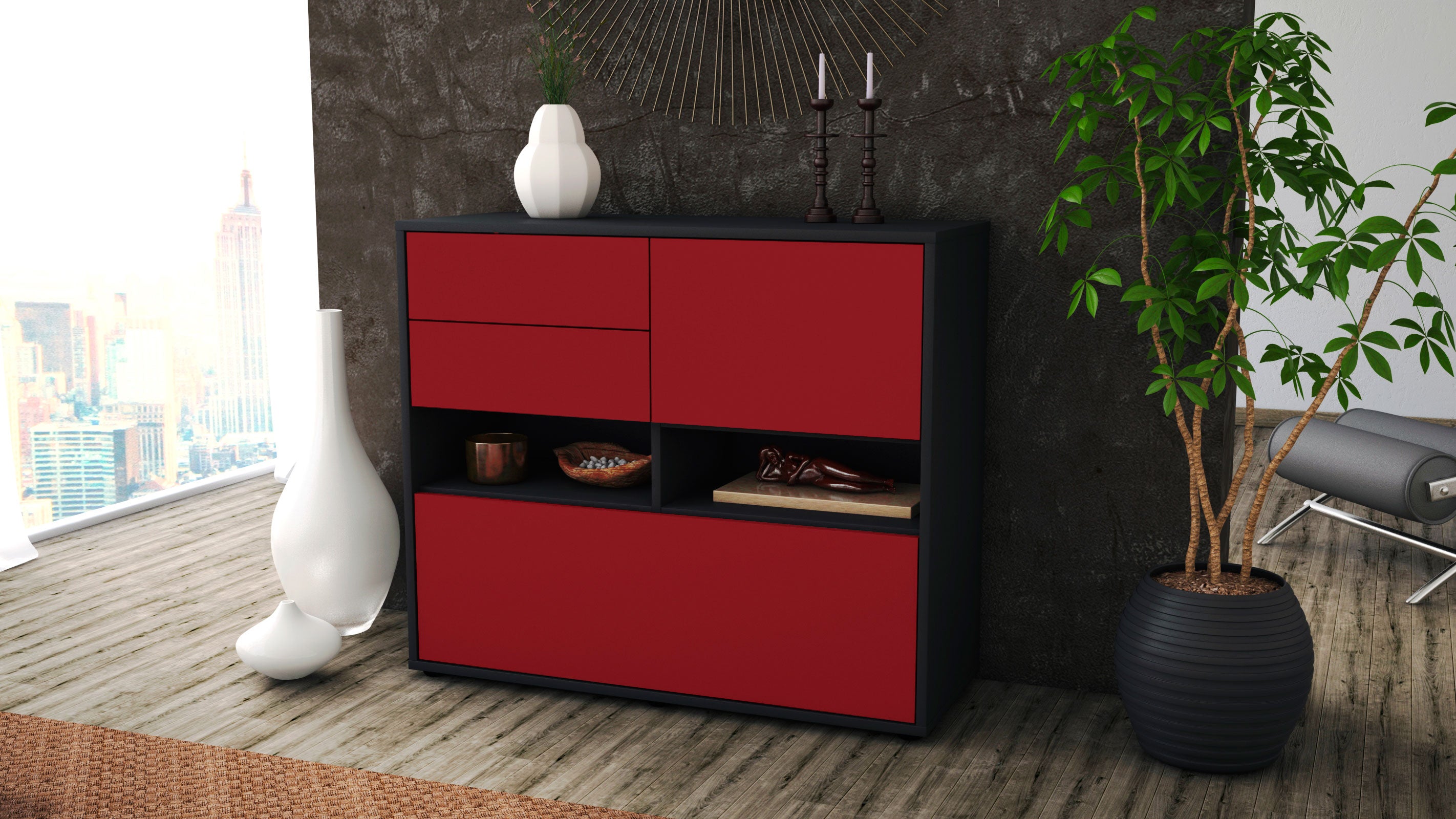 Sideboard - Cornelia - Design Farbakzent - Freistehend mit Push to open  92 cm Anthrazit