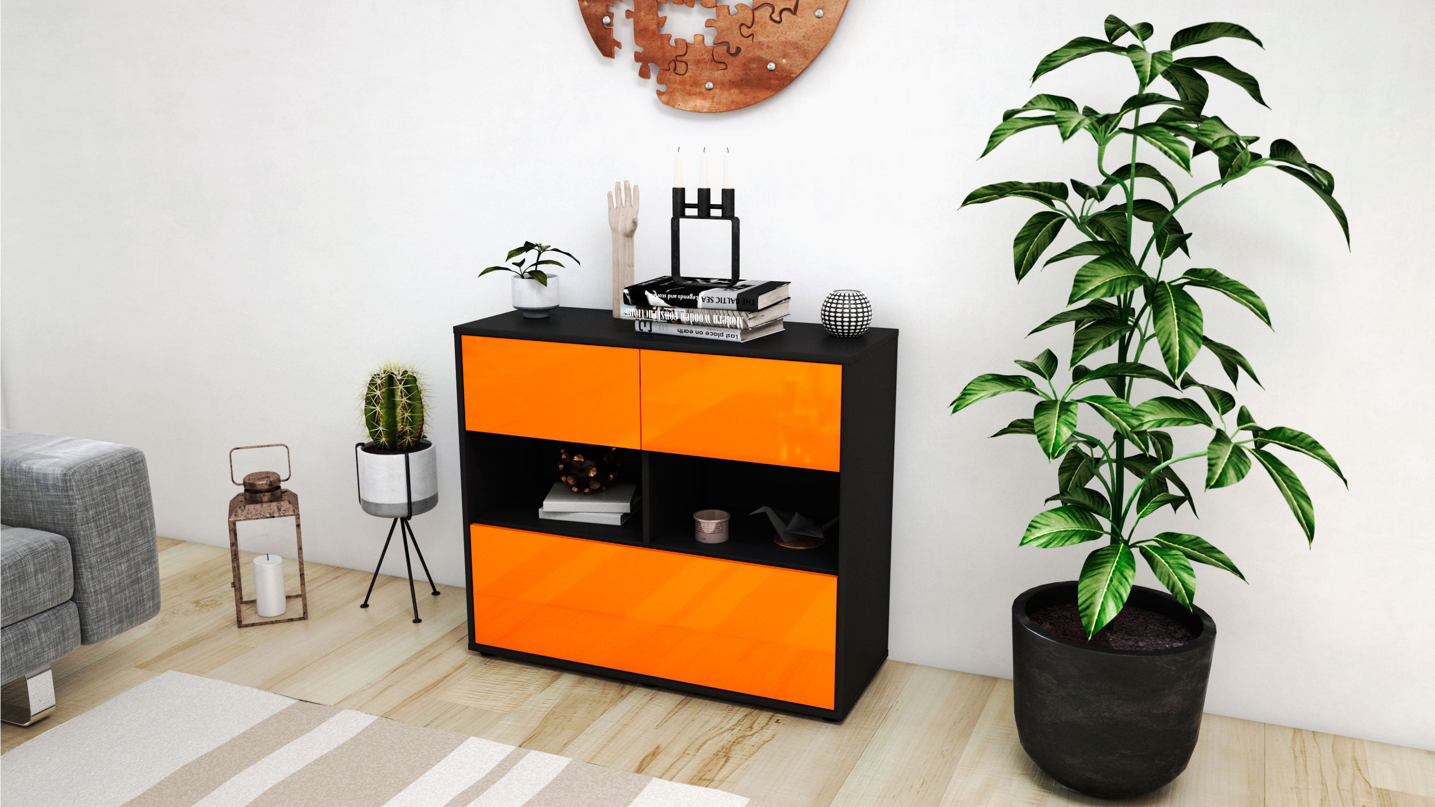 Sideboard - Cosima - Design Hochglanz - Freistehend mit Push to open  92 cm Anthrazit