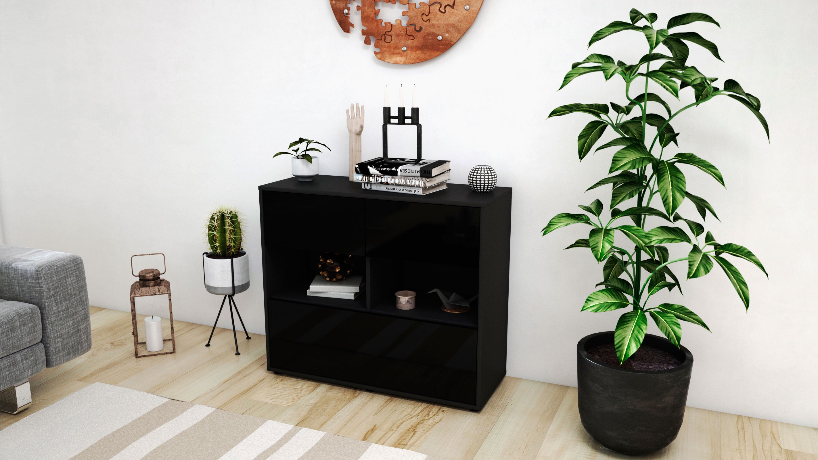 Sideboard - Cosima - Design Hochglanz - Freistehend mit Push to open  92 cm Anthrazit