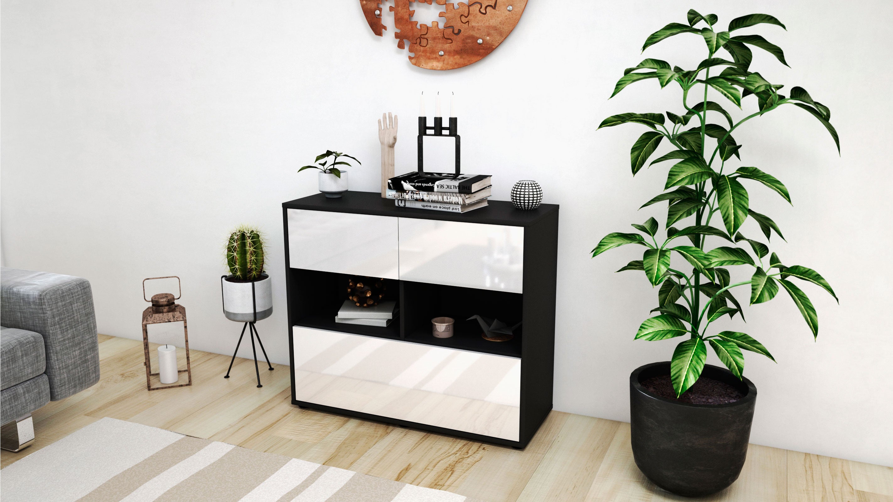 Sideboard - Cosima - Design Hochglanz - Freistehend mit Push to open  92 cm Anthrazit