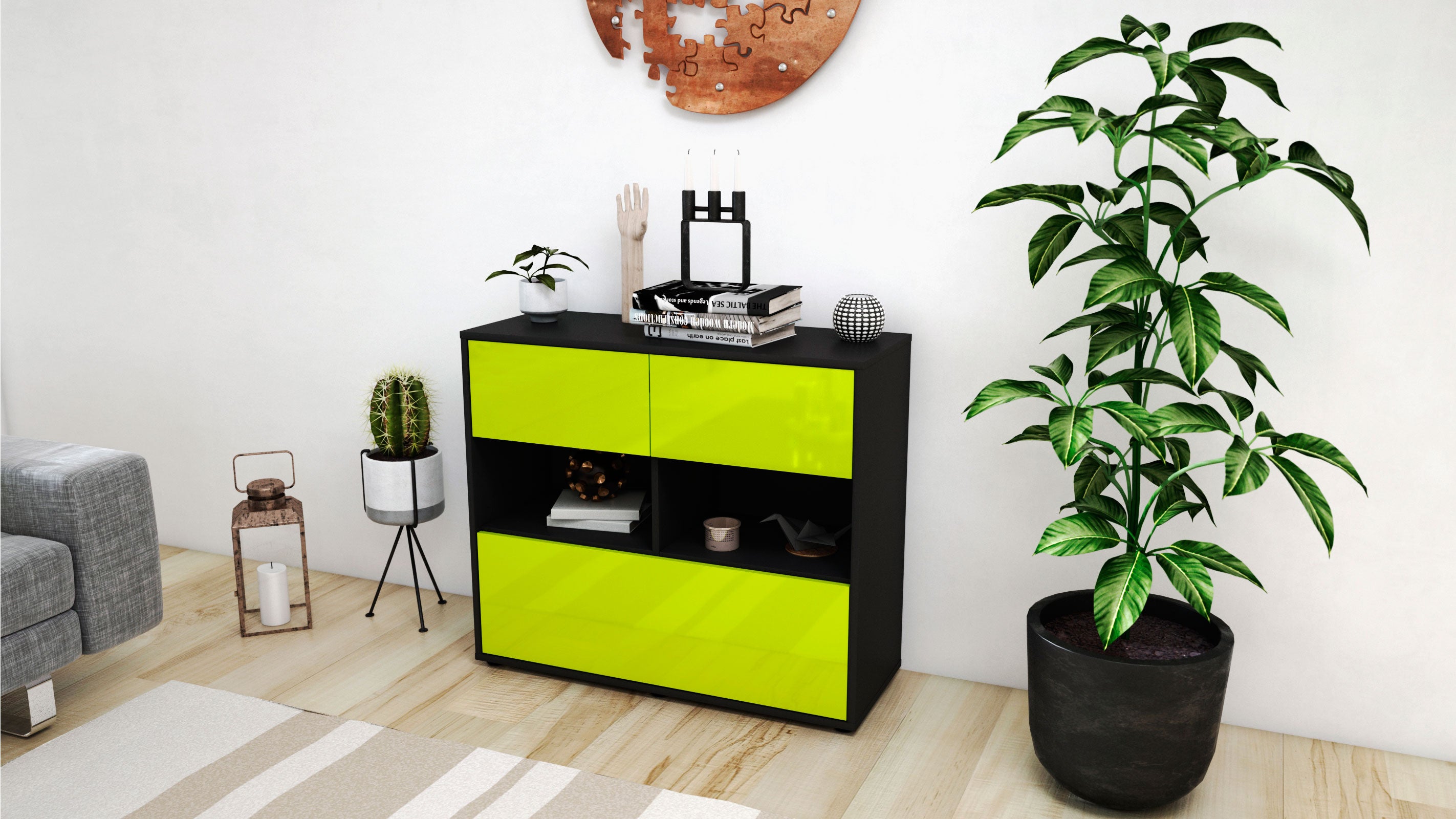 Sideboard - Cosima - Design Hochglanz - Freistehend mit Push to open  92 cm Anthrazit