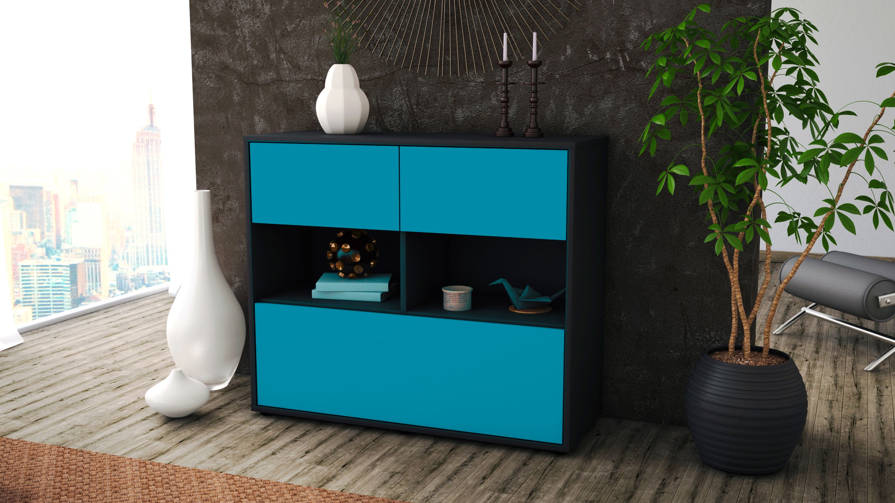 Sideboard - Cosima - Design Farbakzent - Freistehend mit Push to open  92 cm Anthrazit