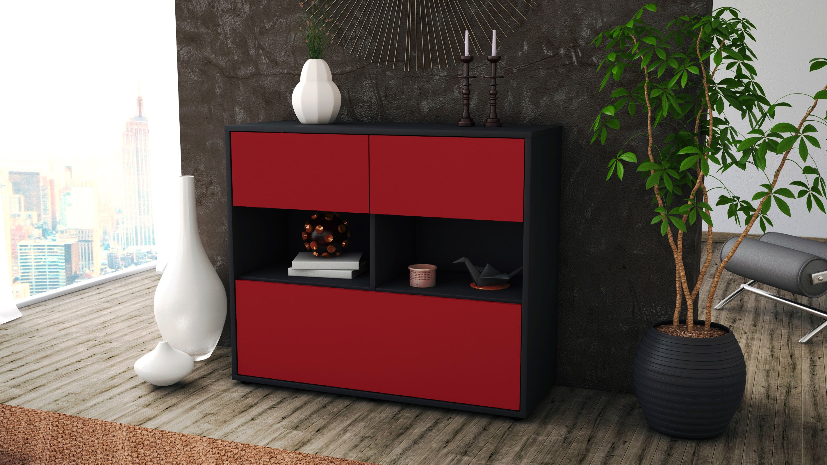 Sideboard - Cosima - Design Farbakzent - Freistehend mit Push to open  92 cm Anthrazit