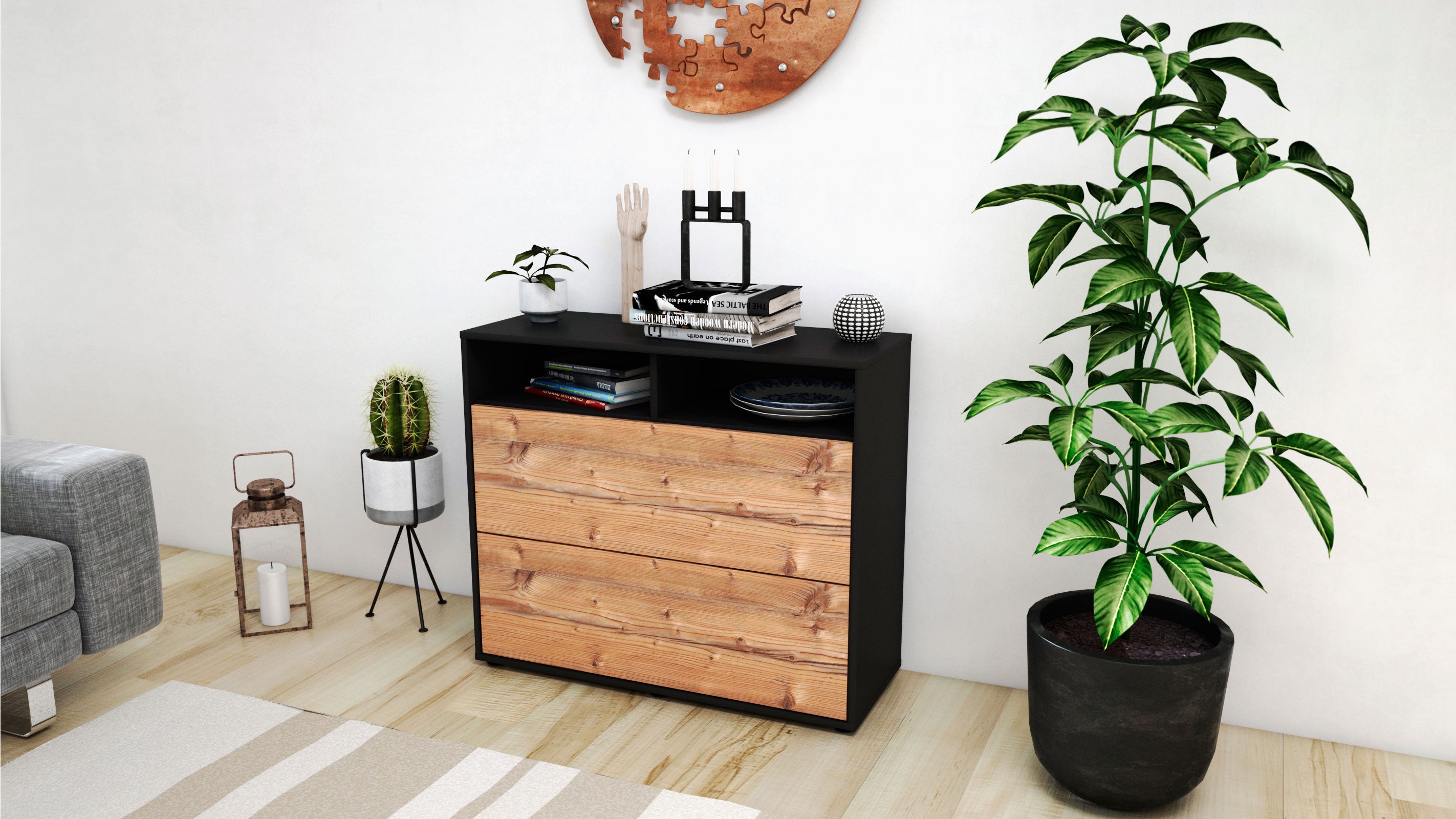 Sideboard - Cosma - Design Holzdekor - Freistehend mit Push to open  92 cm Anthrazit