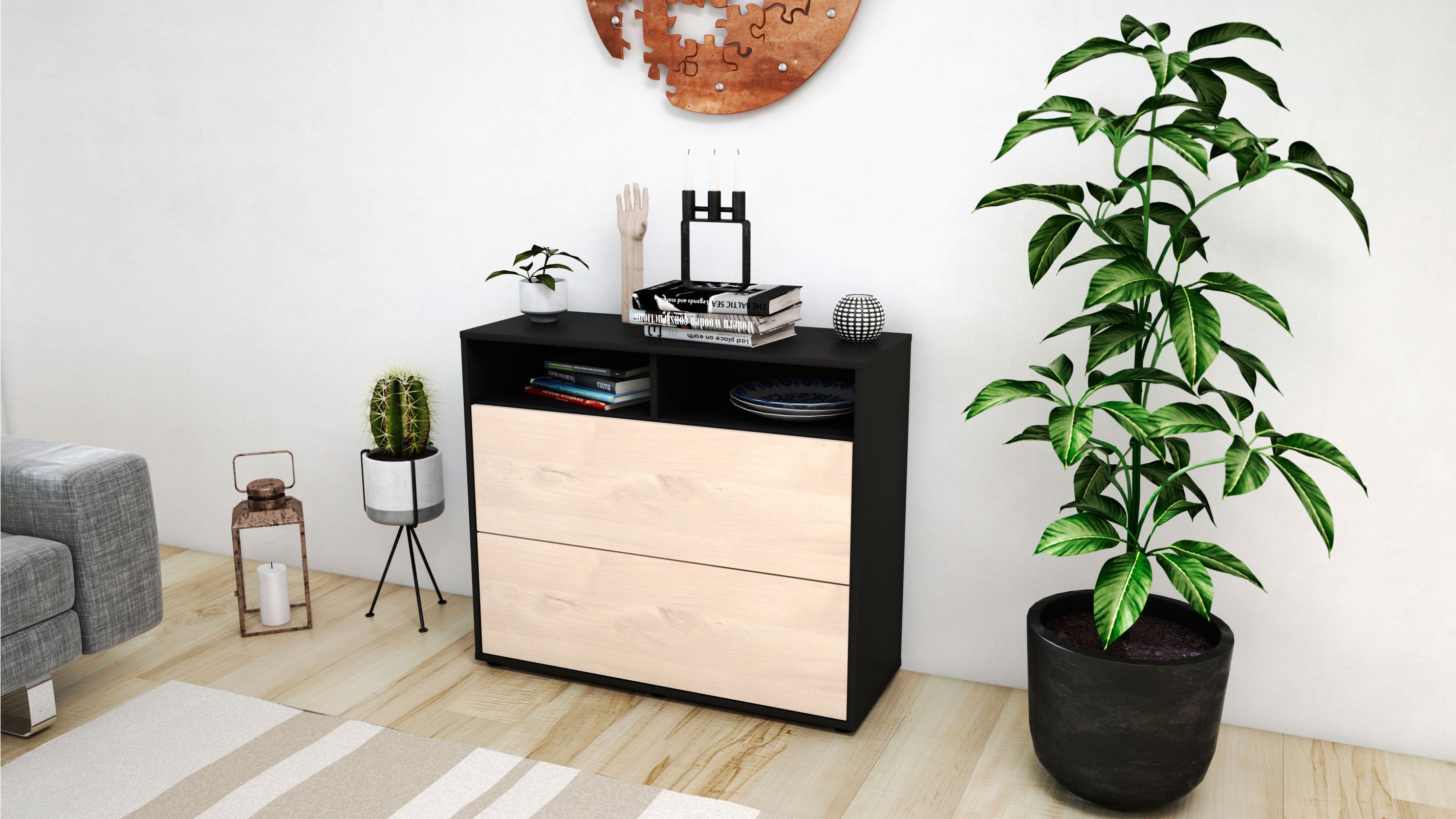 Sideboard - Cosma - Design Holzdekor - Freistehend mit Push to open  92 cm Anthrazit