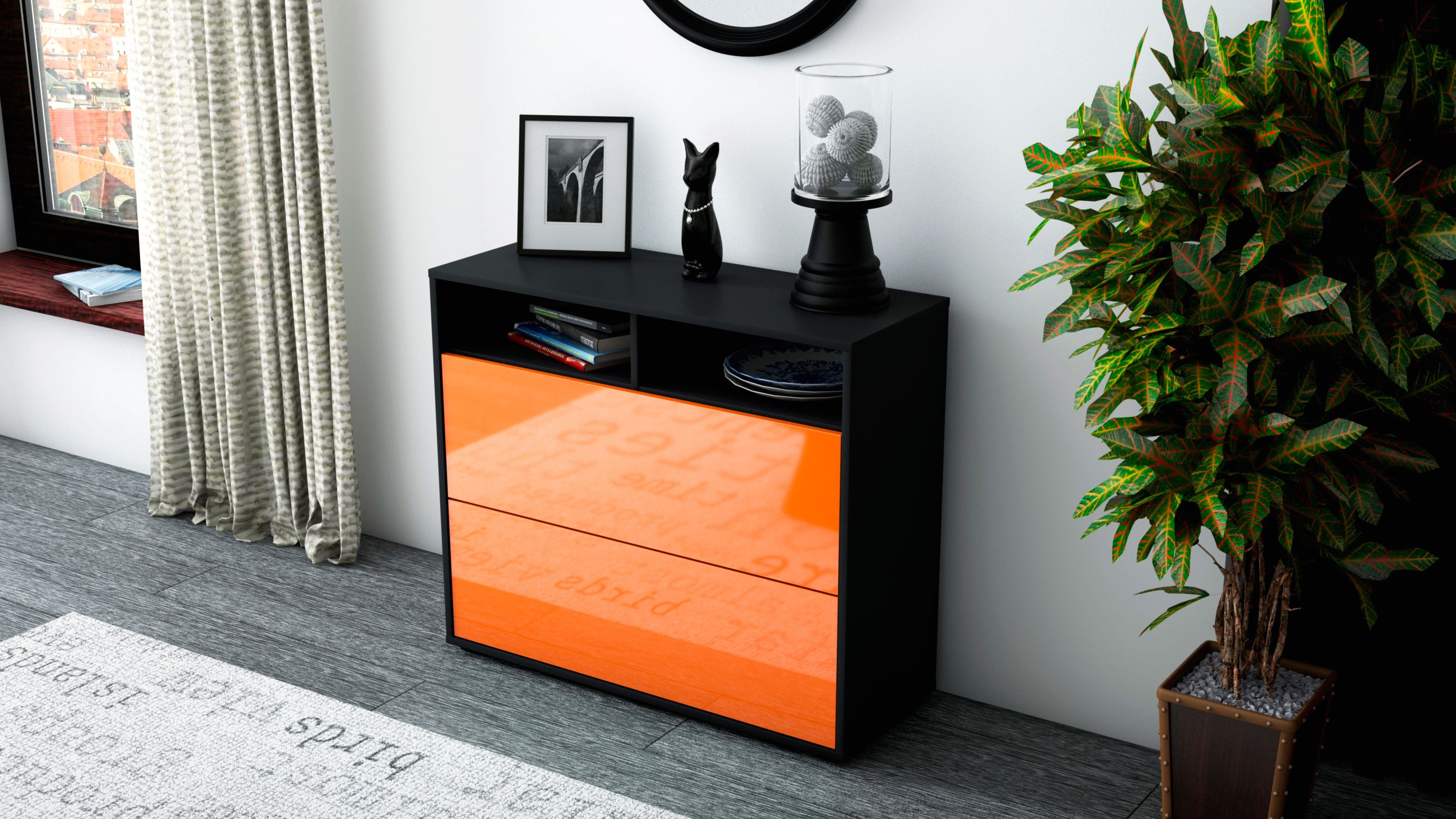 Sideboard - Cosma - Design Hochglanz - Freistehend mit Push to open  92 cm Anthrazit