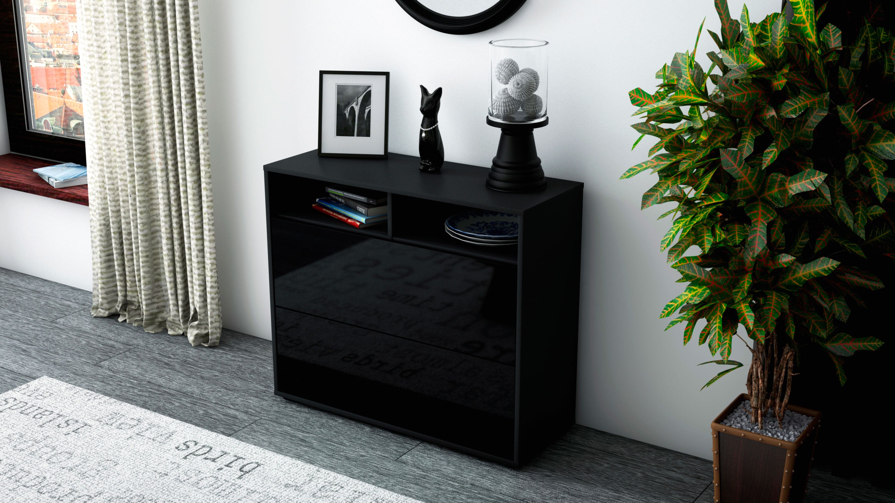 Sideboard - Cosma - Design Hochglanz - Freistehend mit Push to open  92 cm Anthrazit