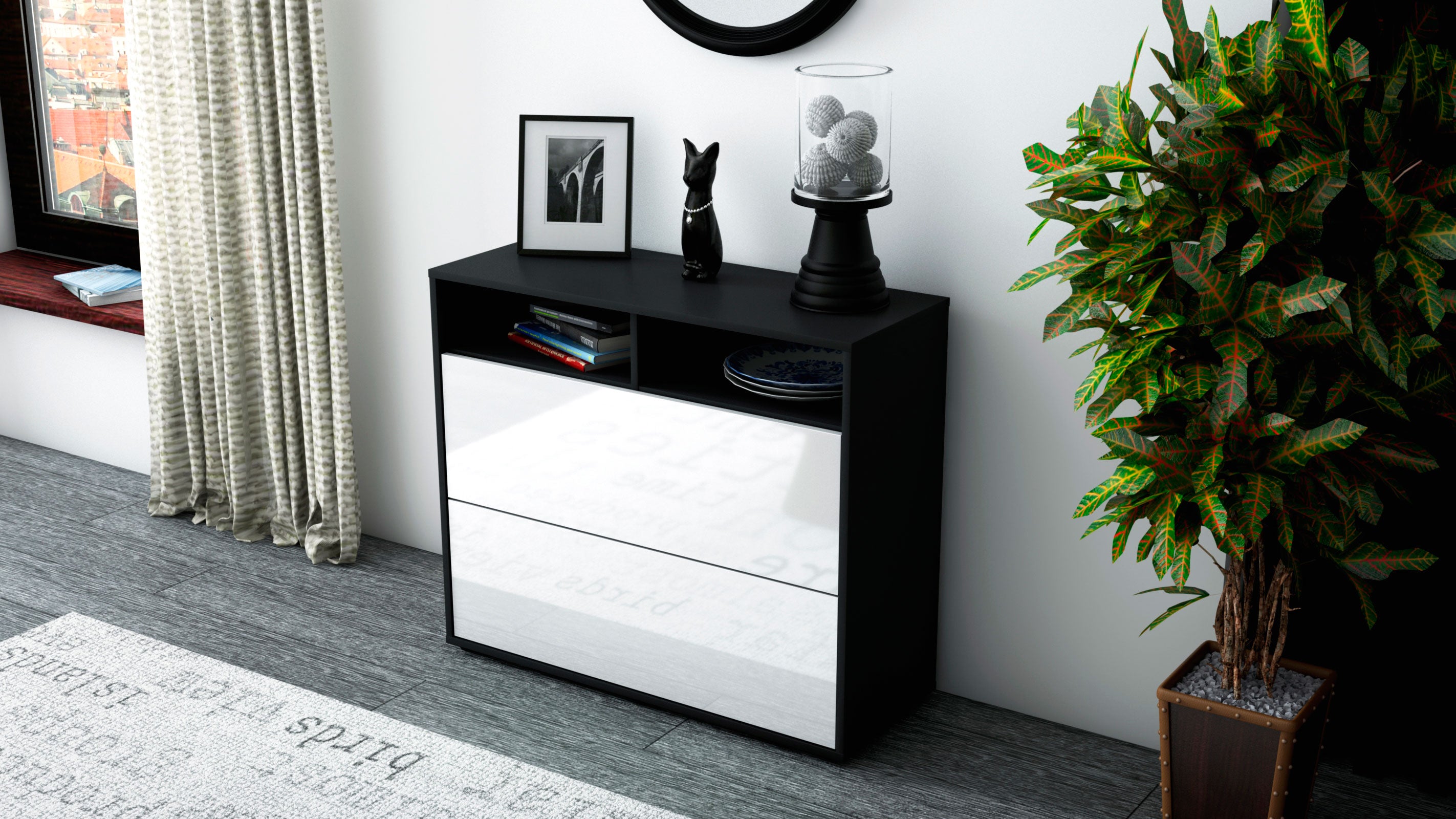 Sideboard - Cosma - Design Hochglanz - Freistehend mit Push to open  92 cm Anthrazit