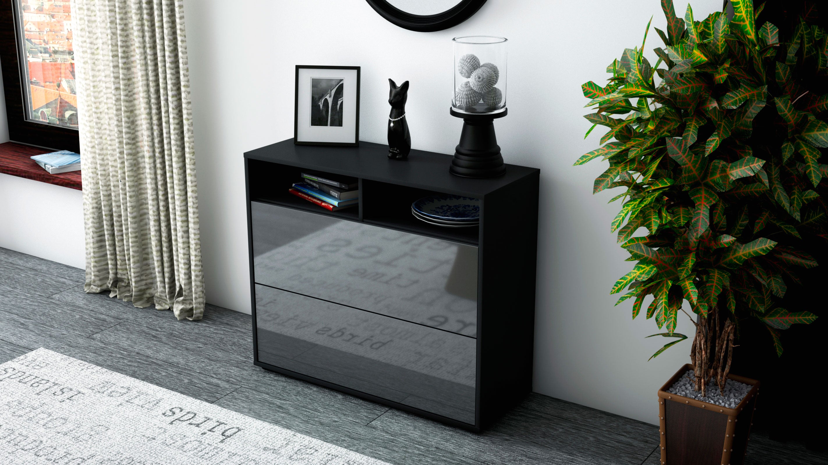 Sideboard - Cosma - Design Hochglanz - Freistehend mit Push to open  92 cm Anthrazit