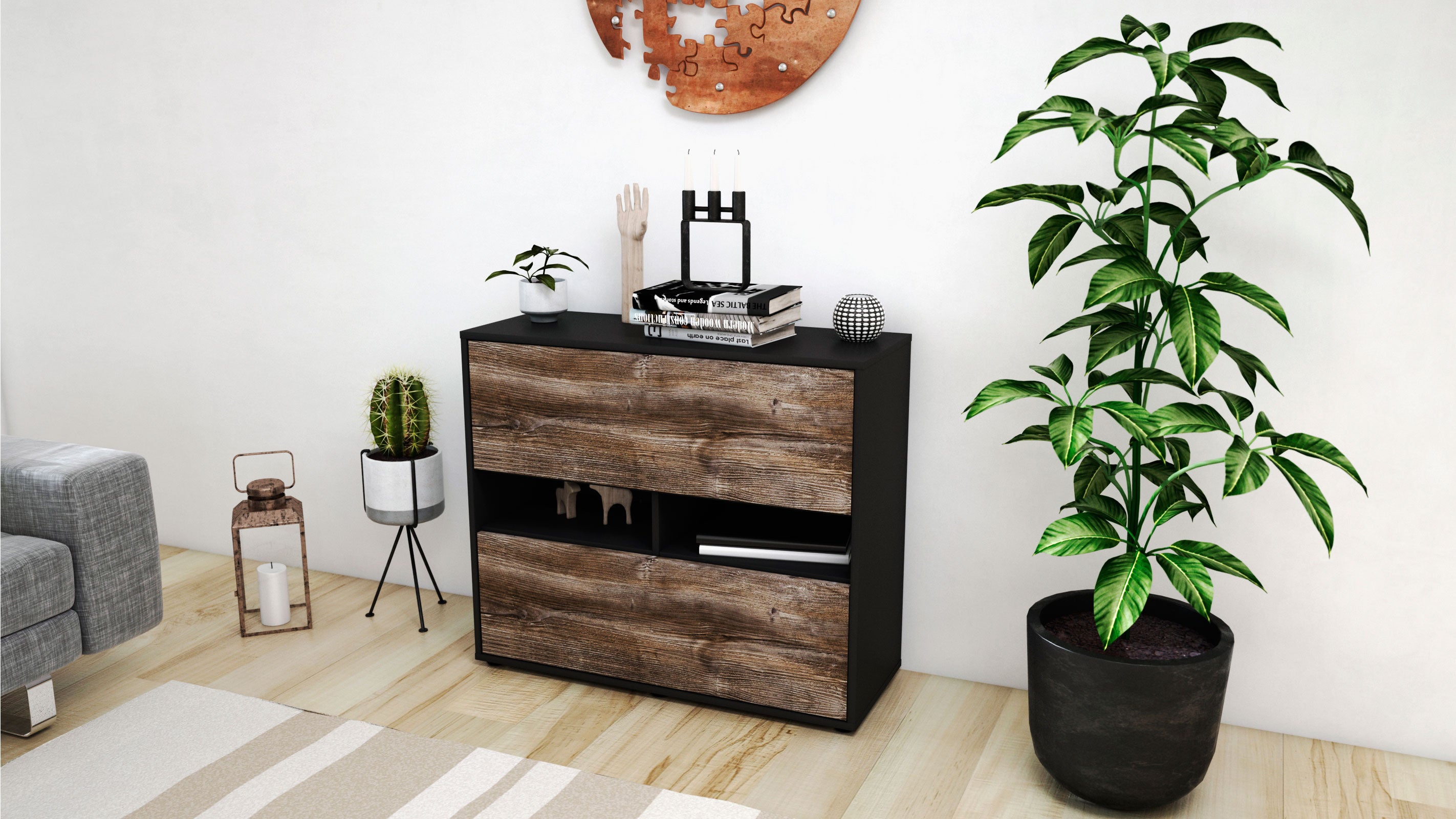 Sideboard - Dalia - Design Holzdekor - Freistehend mit Push to open  92 cm Anthrazit