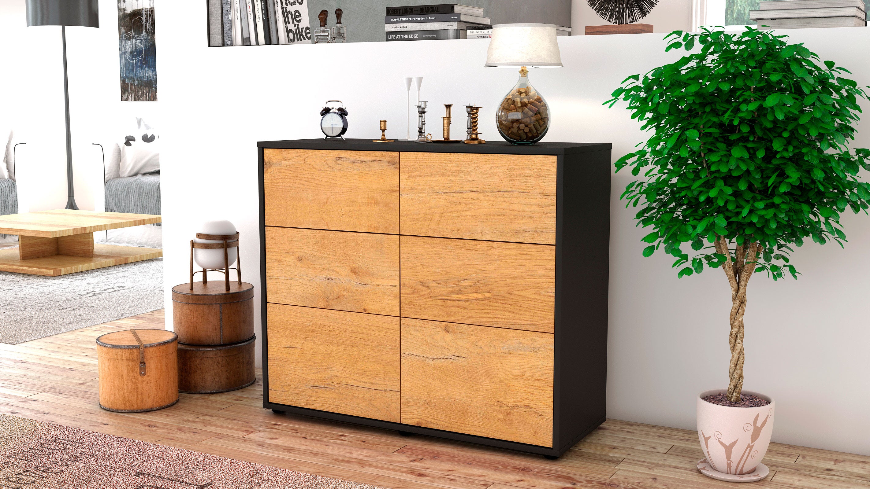 Sideboard - Dalida - Design Holzdekor - Freistehend mit Push to open  92 cm Anthrazit