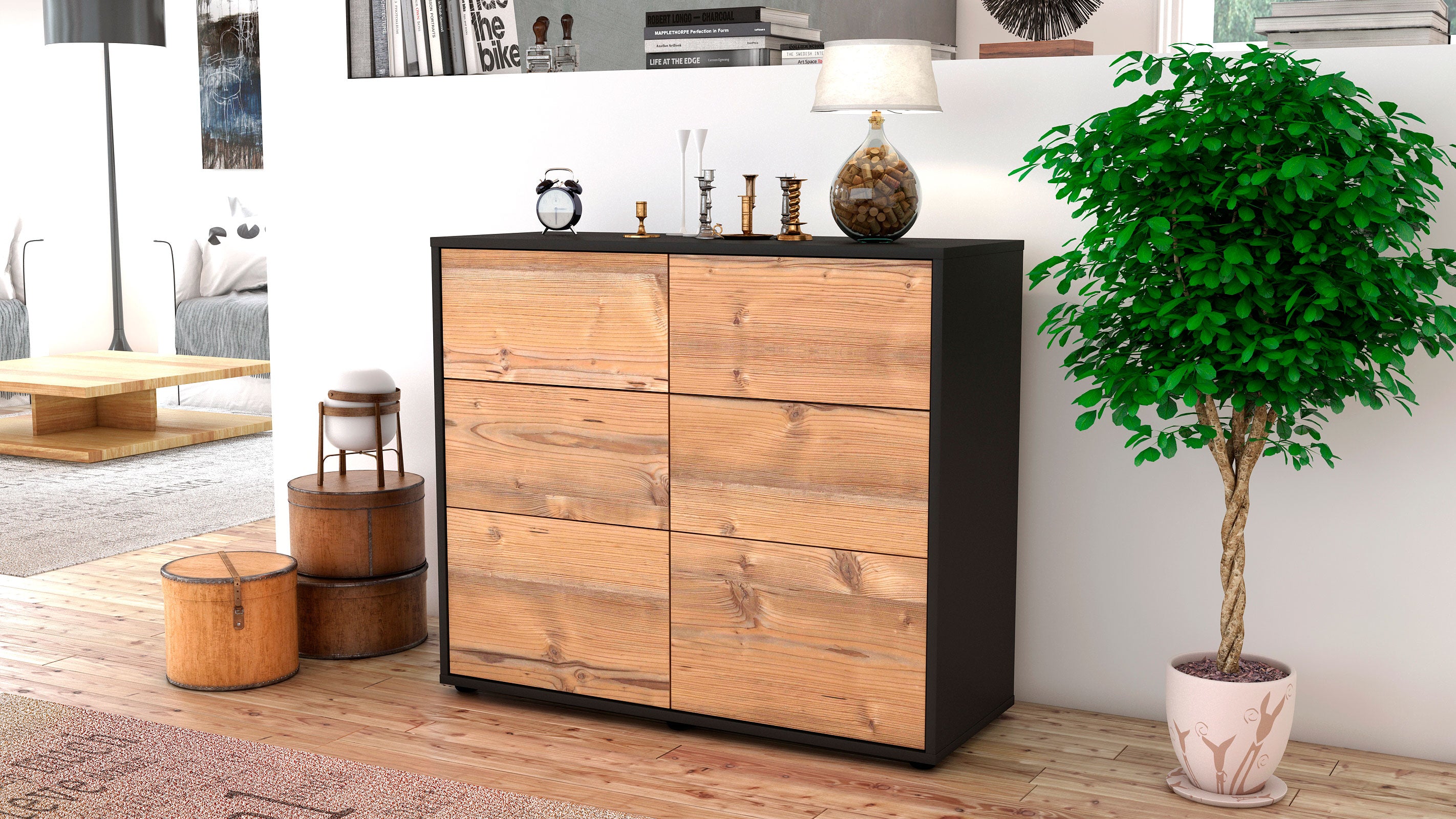 Sideboard - Dalida - Design Holzdekor - Freistehend mit Push to open  92 cm Anthrazit