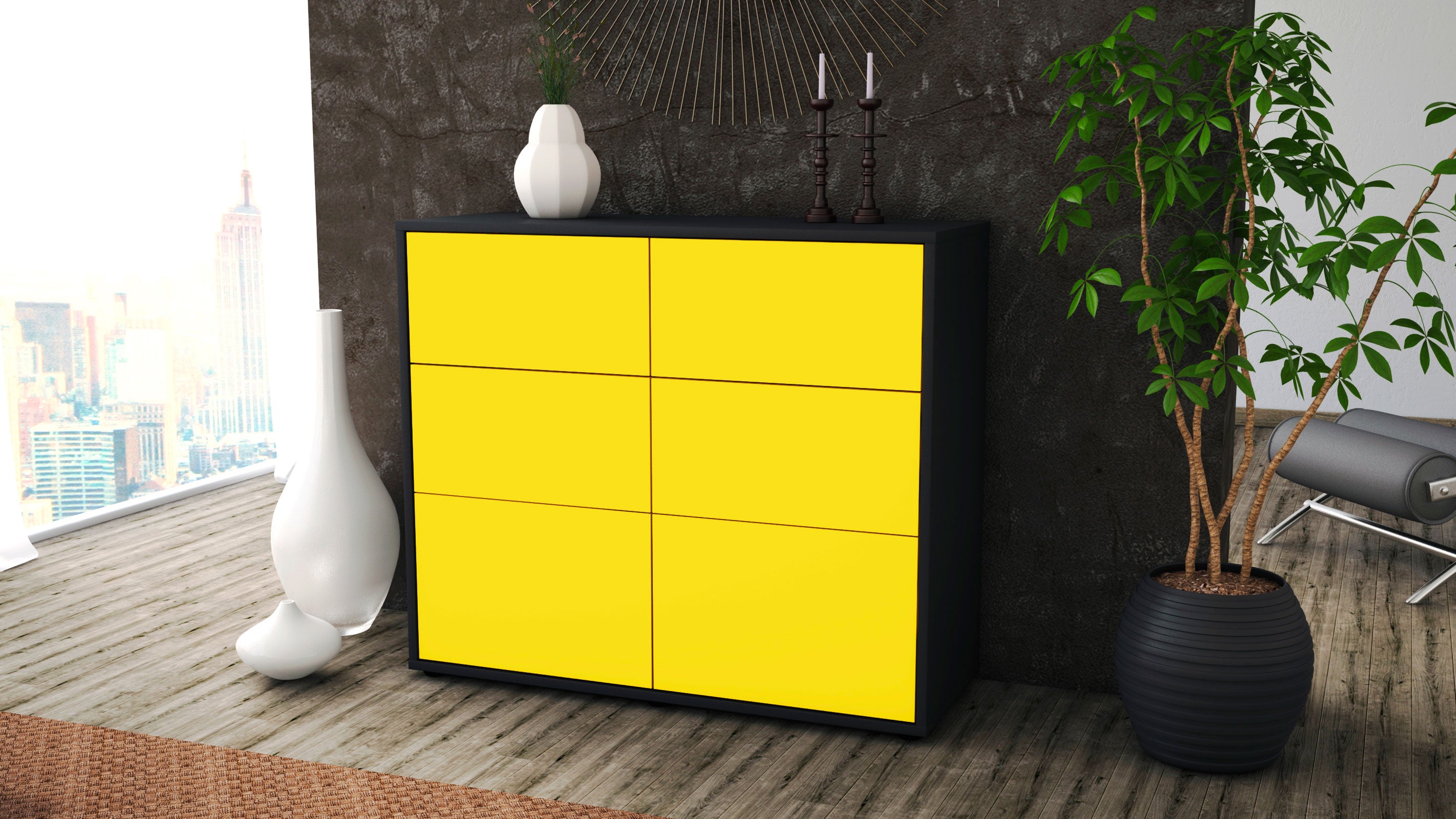 Sideboard - Dalida - Design Farbakzent - Freistehend mit Push to open  92 cm Anthrazit