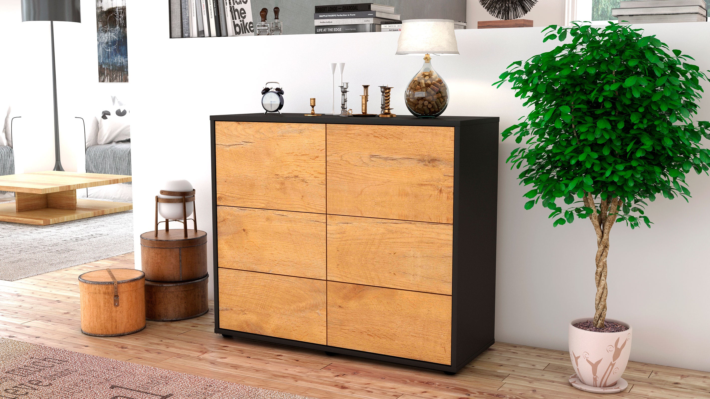 Sideboard - Dana - Design Holzdekor - Freistehend mit Push to open  92 cm Anthrazit