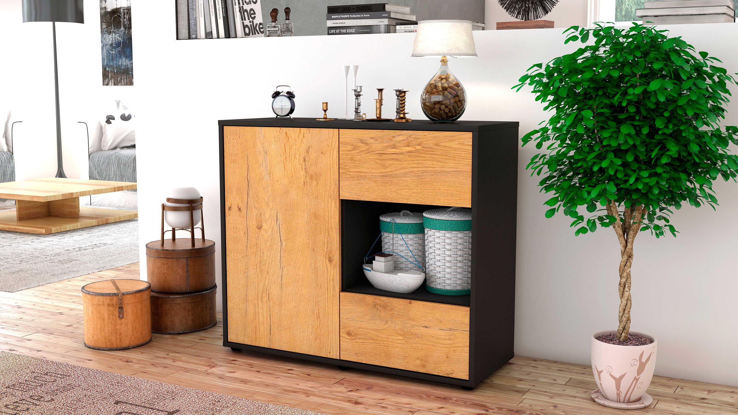 Sideboard - Danica - Design Holzdekor - Freistehend mit Push to open  92 cm Anthrazit