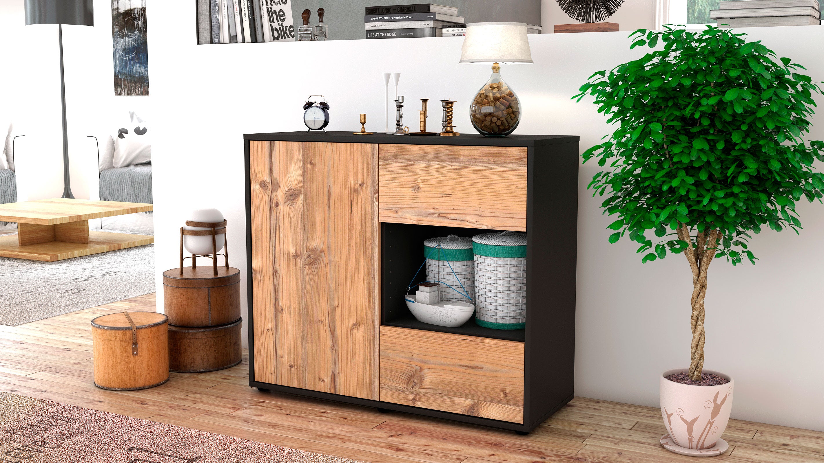 Sideboard - Danica - Design Holzdekor - Freistehend mit Push to open  92 cm Anthrazit