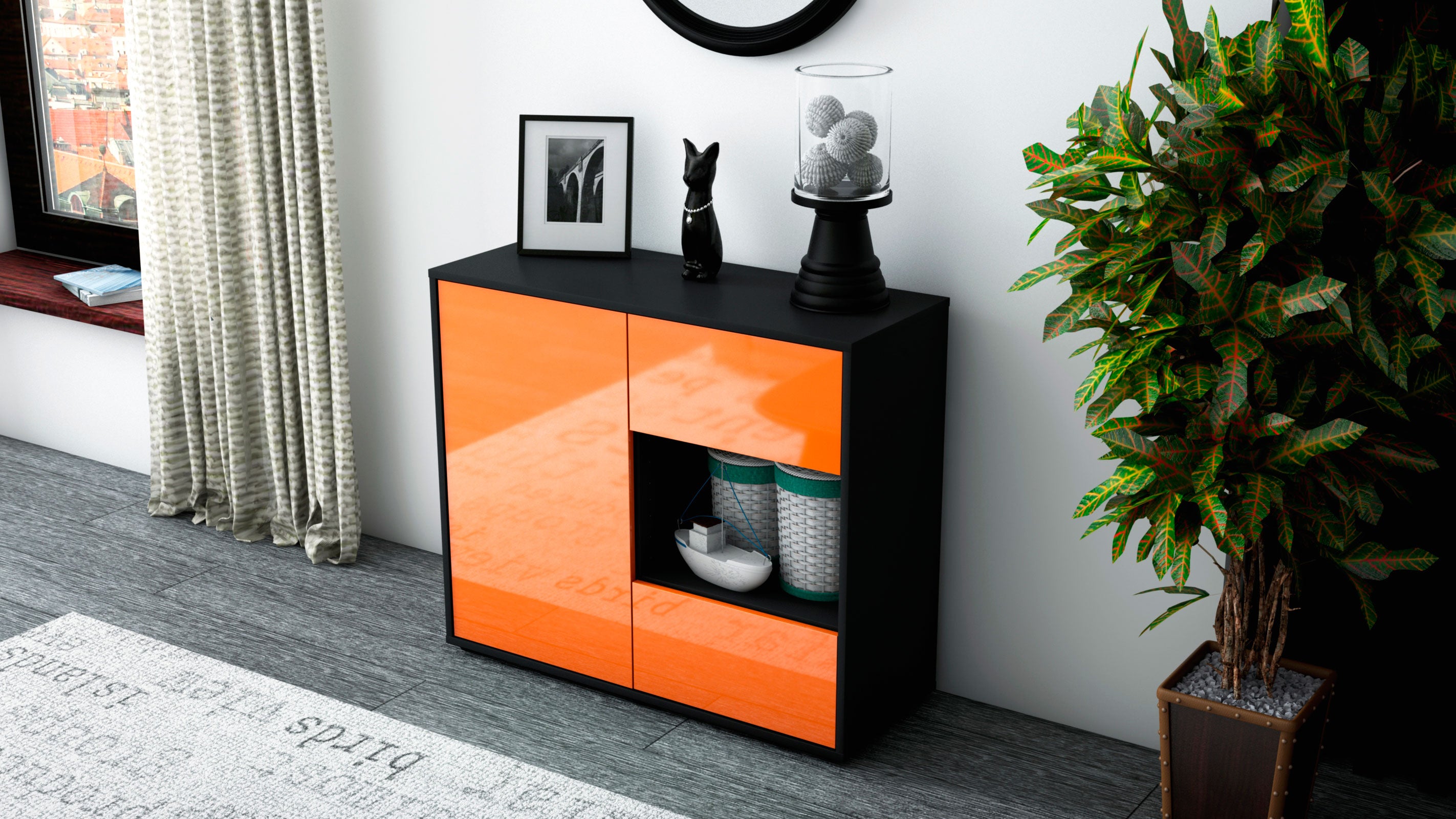 Sideboard - Danica - Design Hochglanz - Freistehend mit Push to open  92 cm Anthrazit