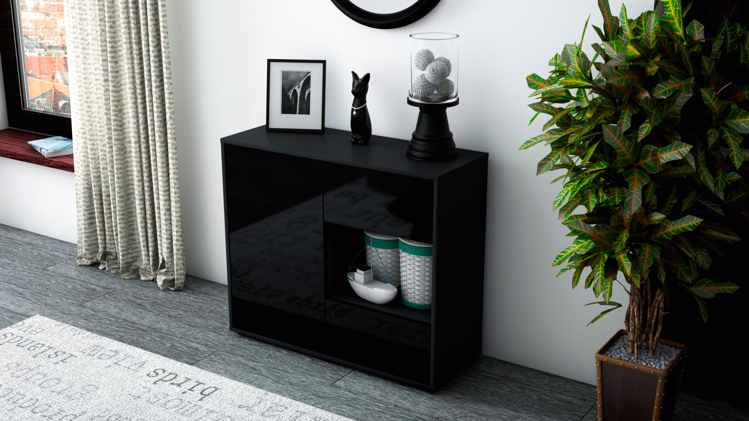 Sideboard - Danica - Design Hochglanz - Freistehend mit Push to open  92 cm Anthrazit