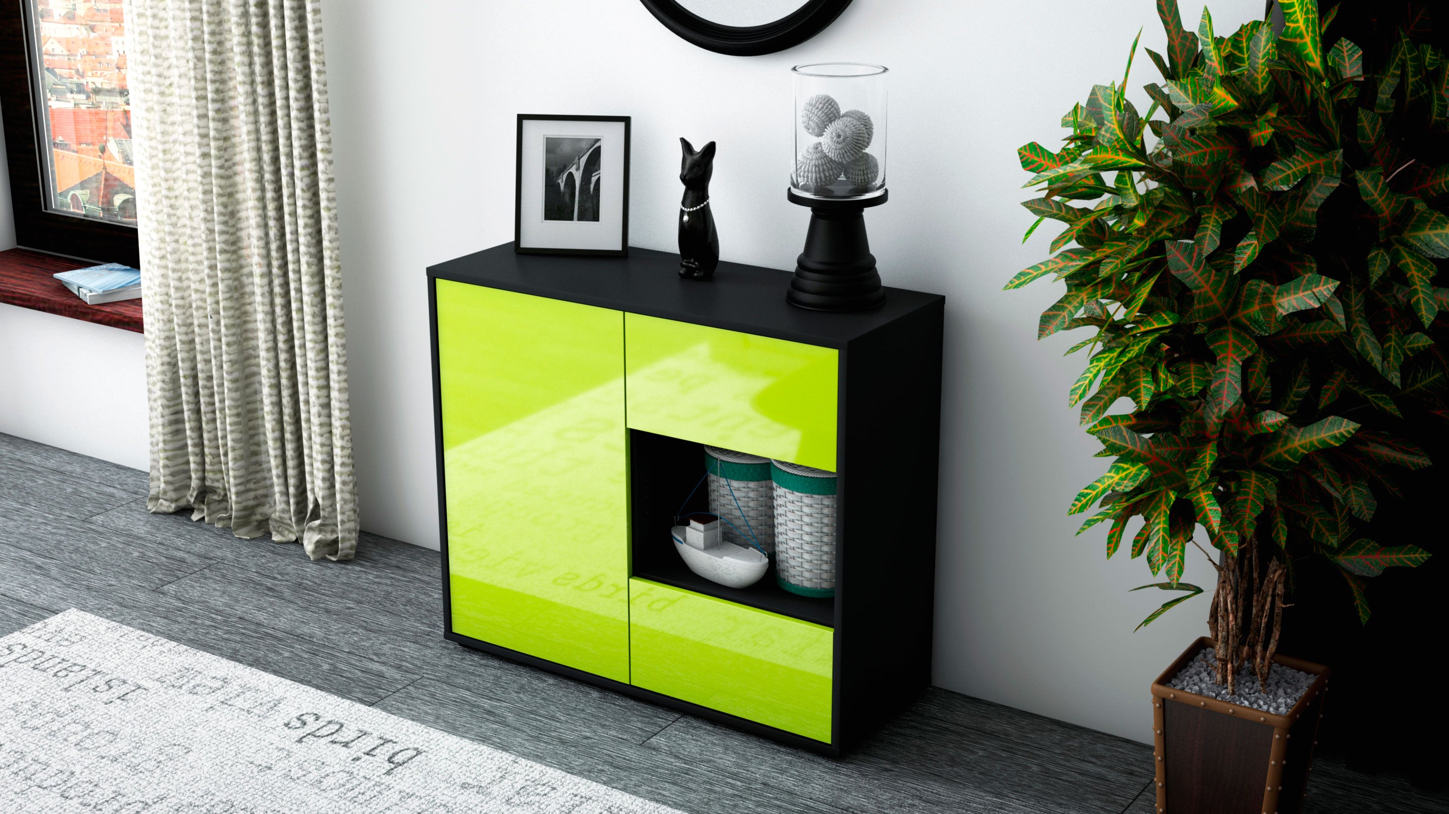 Sideboard - Danica - Design Hochglanz - Freistehend mit Push to open  92 cm Anthrazit