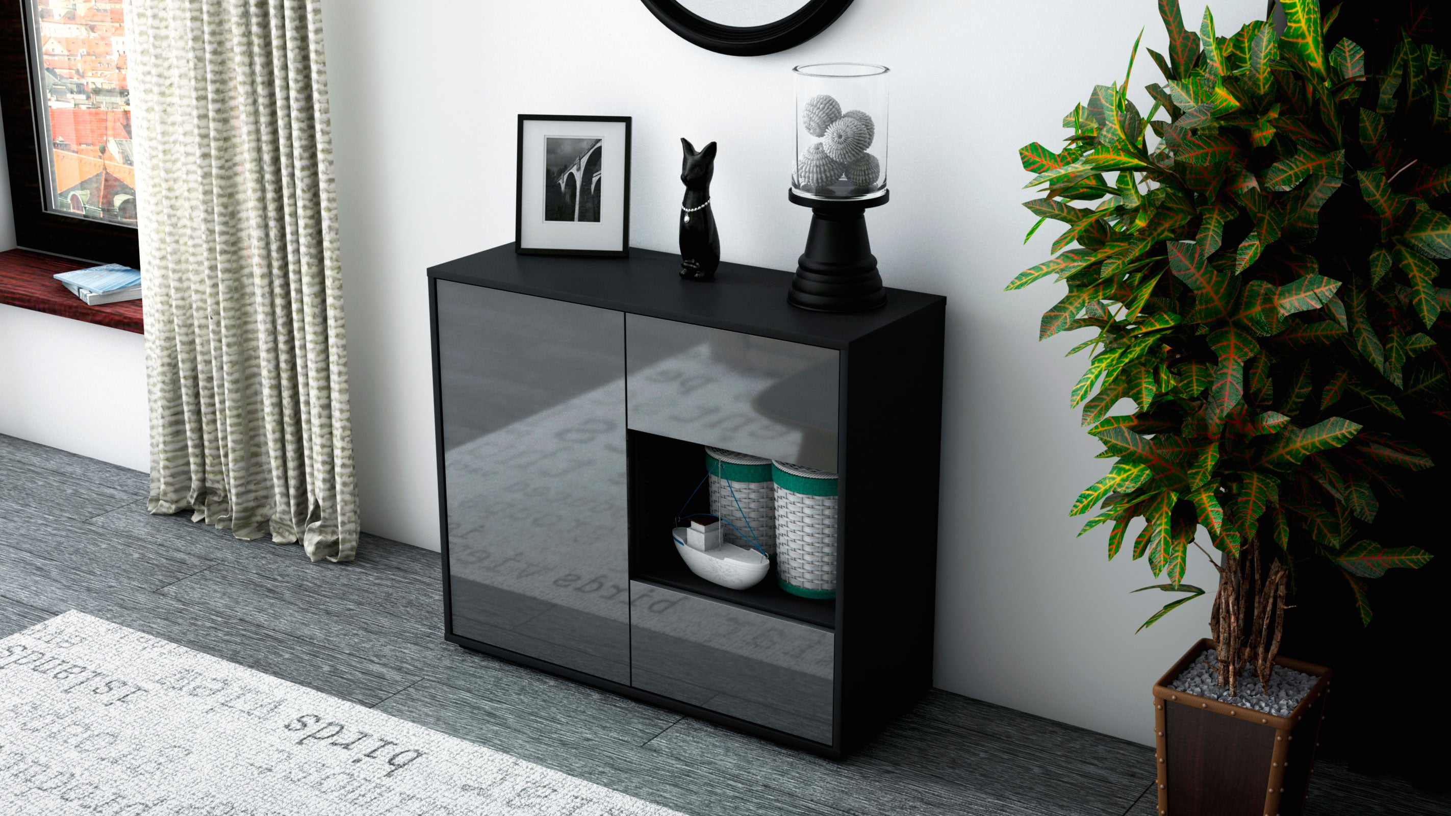 Sideboard - Danica - Design Hochglanz - Freistehend mit Push to open  92 cm Anthrazit