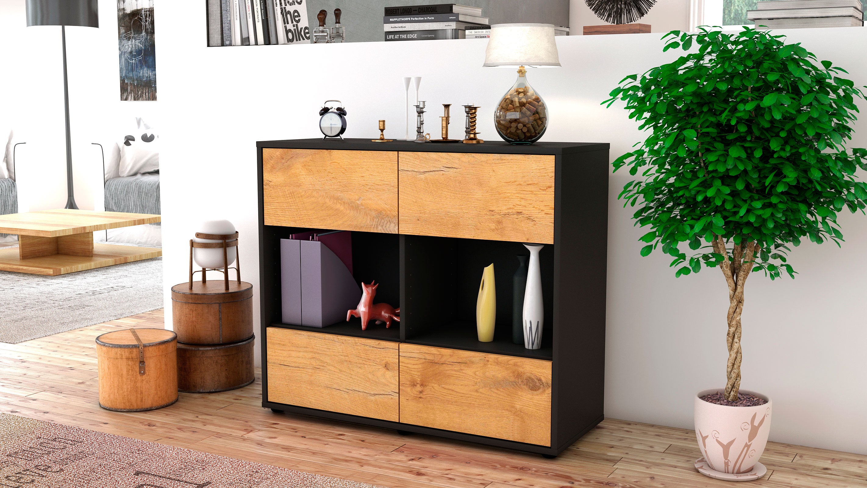 Sideboard - Daniela - Design Holzdekor - Freistehend mit Push to open  92 cm Anthrazit