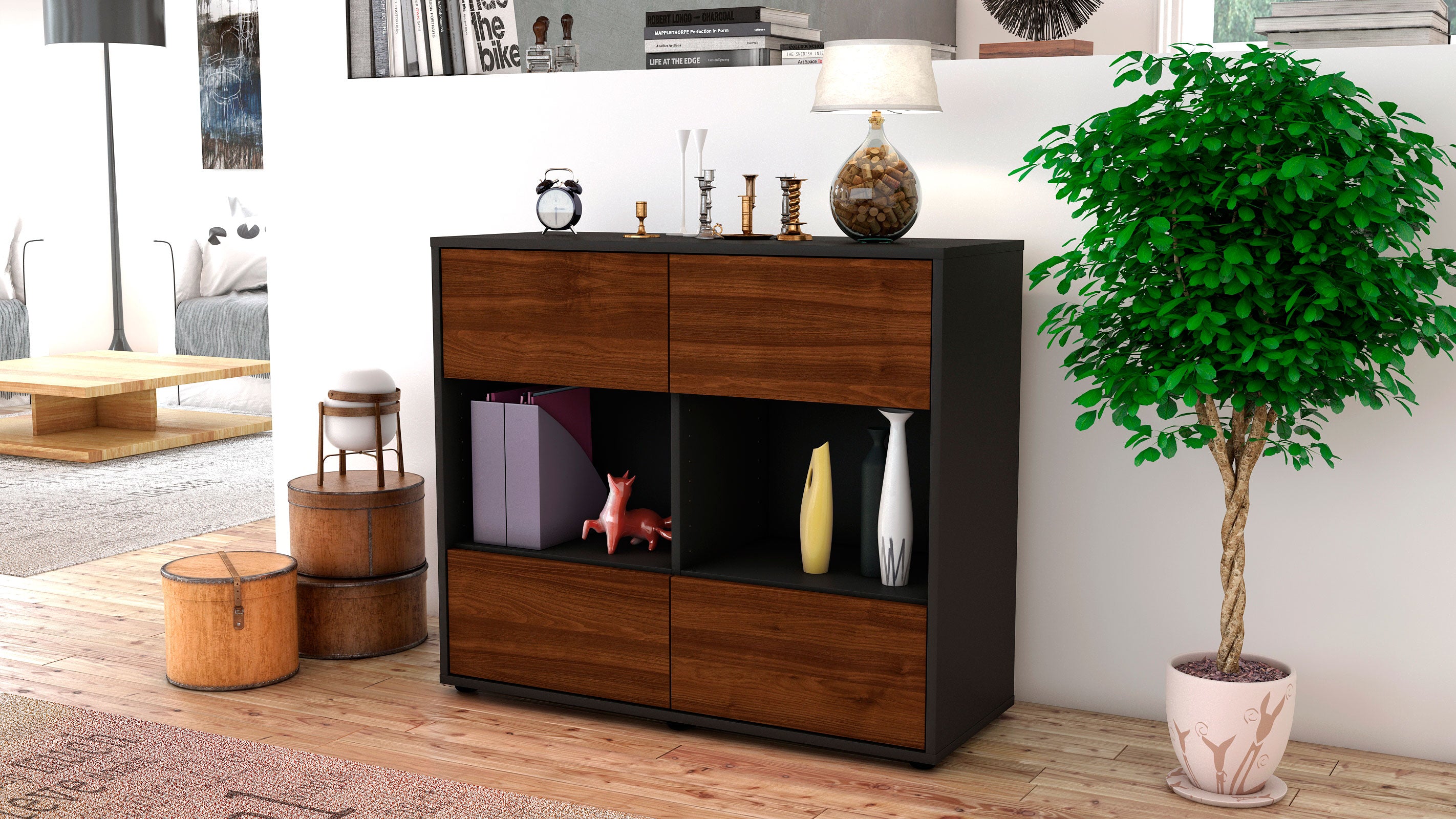 Sideboard - Daniela - Design Holzdekor - Freistehend mit Push to open  92 cm Anthrazit