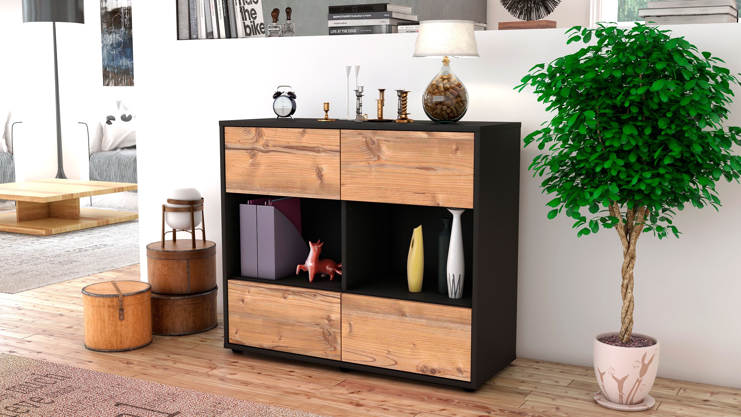 Sideboard - Daniela - Design Holzdekor - Freistehend mit Push to open  92 cm Anthrazit