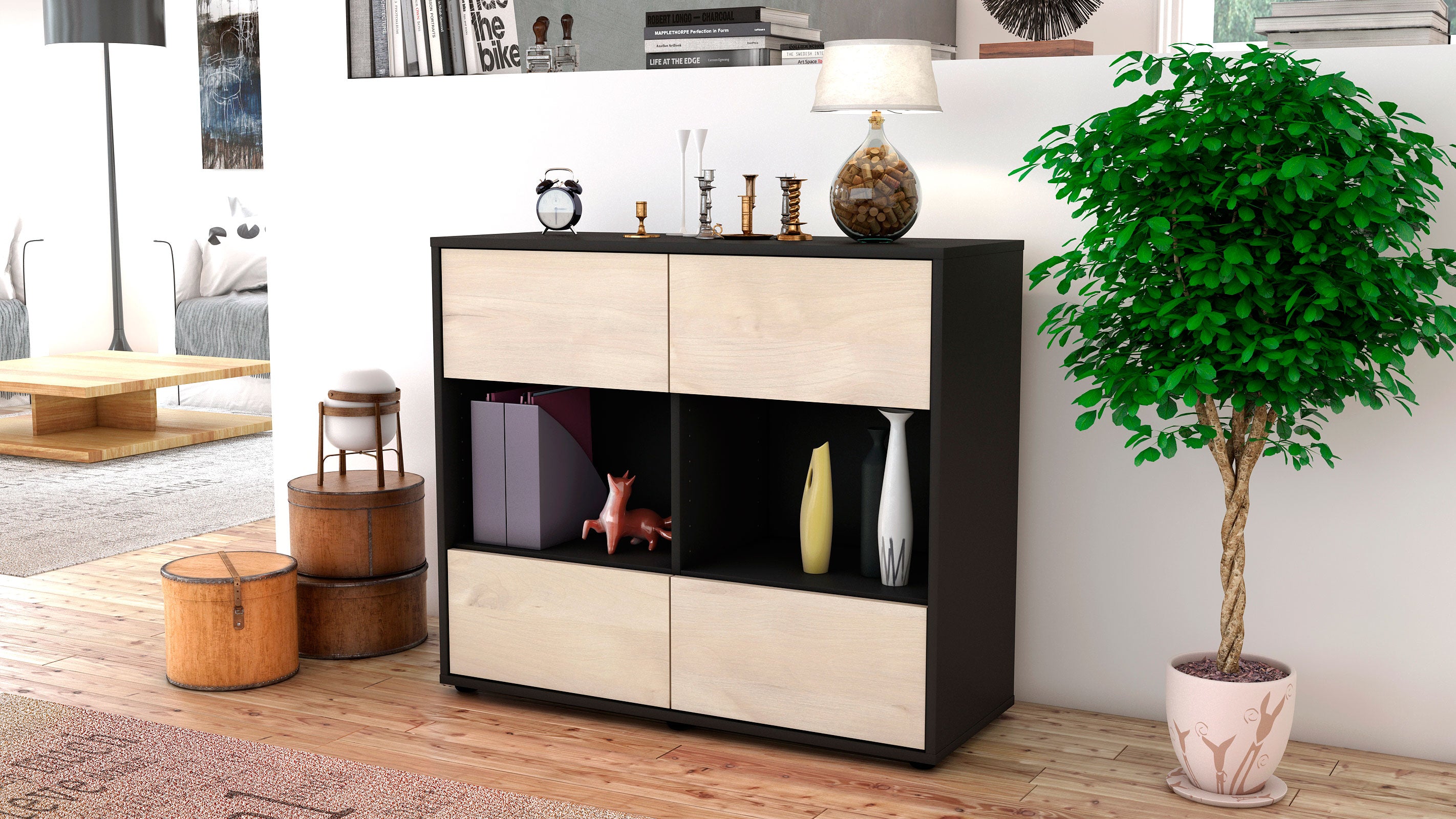 Sideboard - Daniela - Design Holzdekor - Freistehend mit Push to open  92 cm Anthrazit