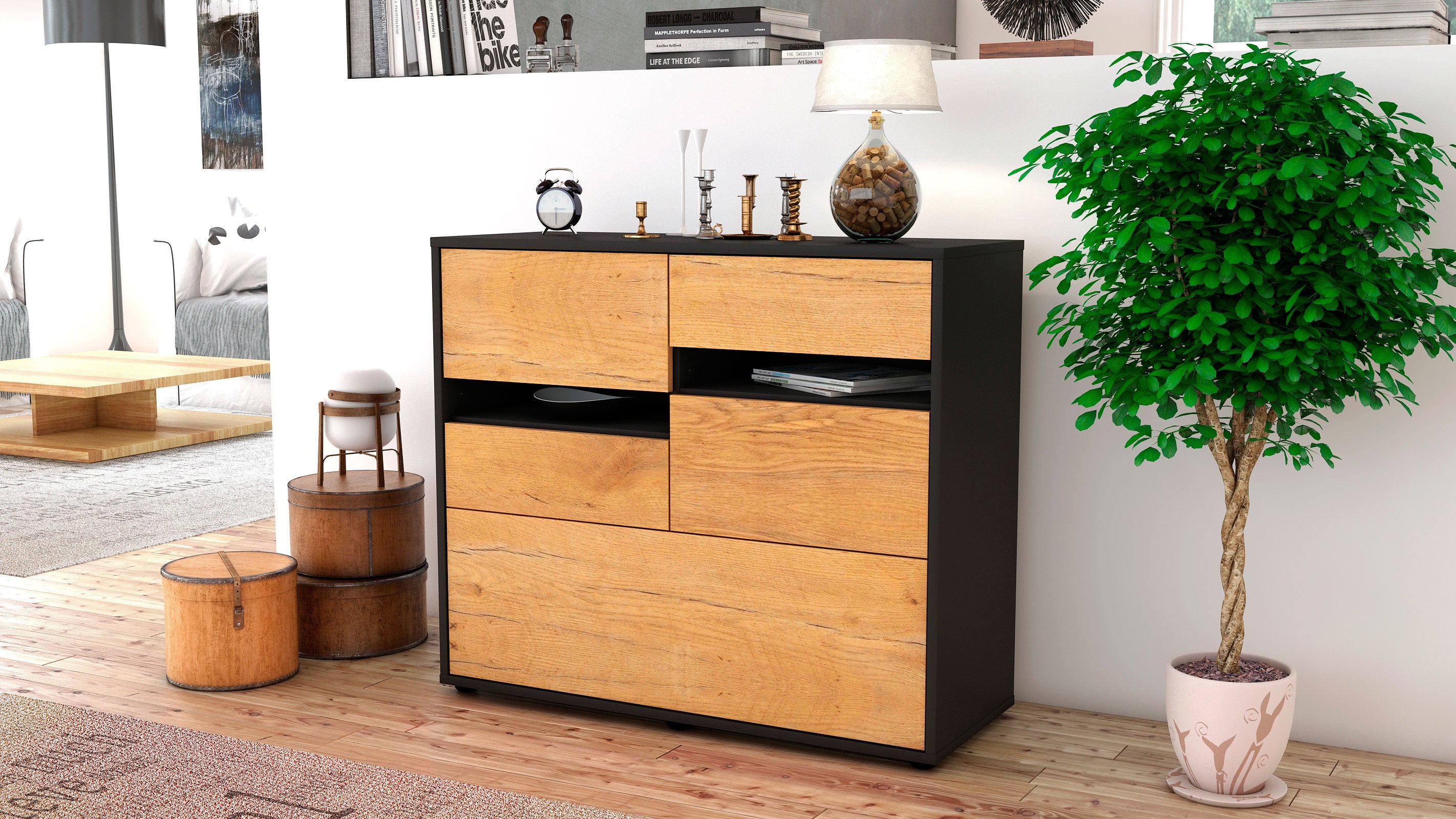 Sideboard - Daria - Design Holzdekor - Freistehend mit Push to open  92 cm Anthrazit