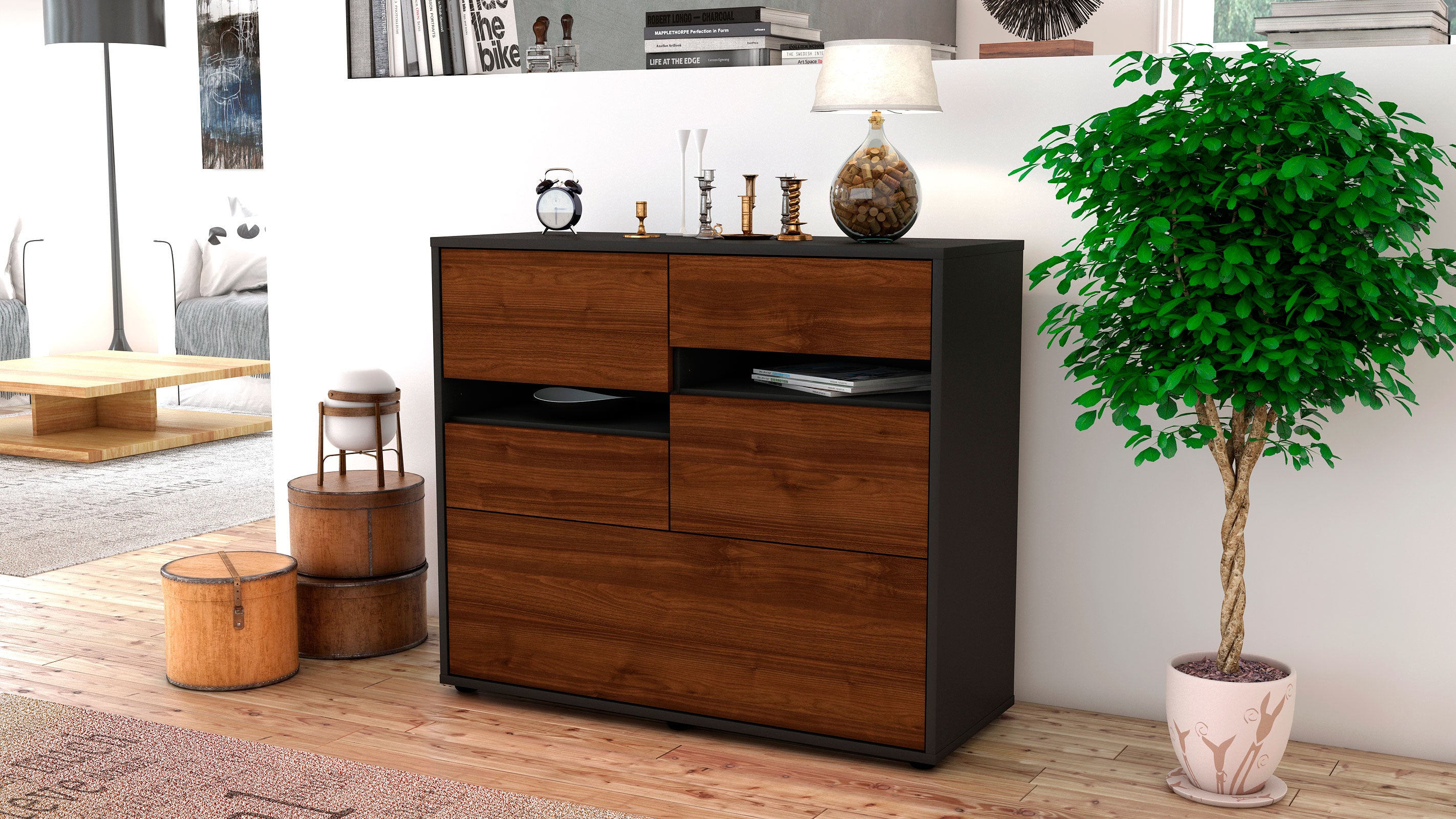 Sideboard - Daria - Design Holzdekor - Freistehend mit Push to open  92 cm Anthrazit