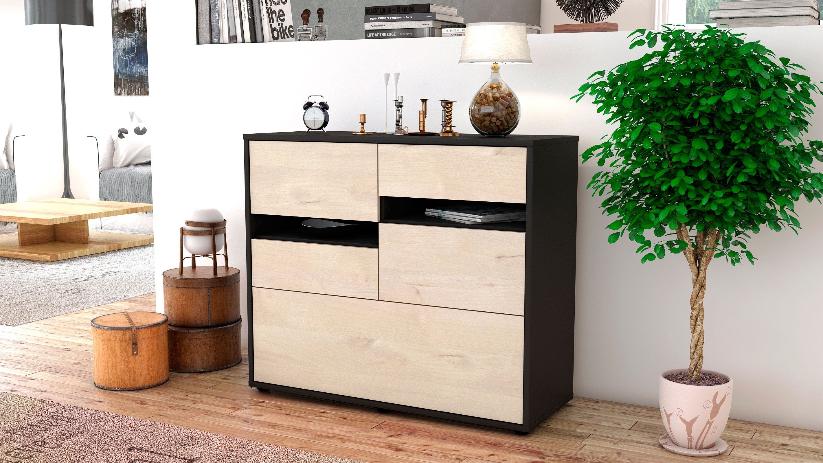 Sideboard - Daria - Design Holzdekor - Freistehend mit Push to open  92 cm Anthrazit