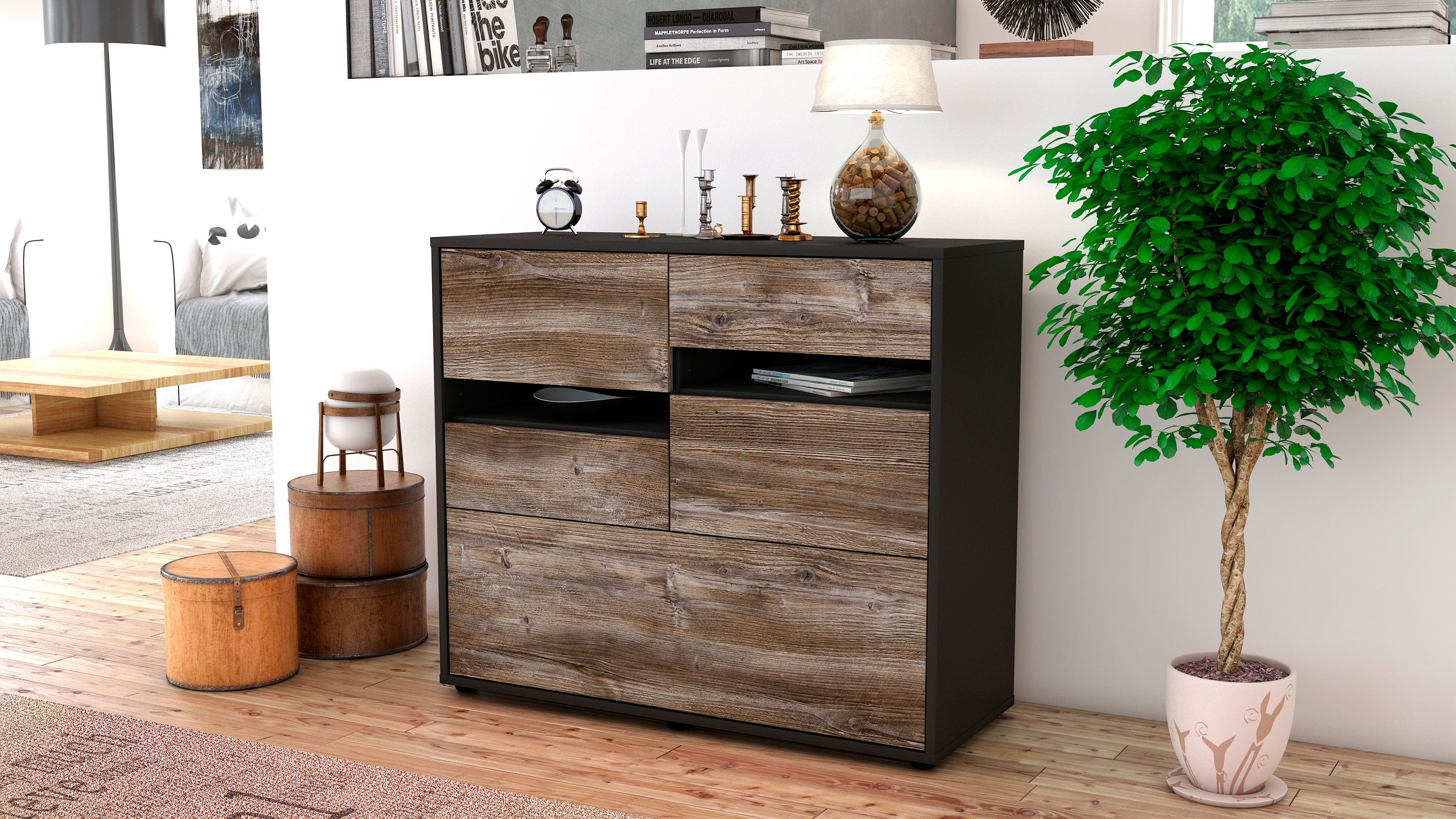 Sideboard - Daria - Design Holzdekor - Freistehend mit Push to open  92 cm Anthrazit