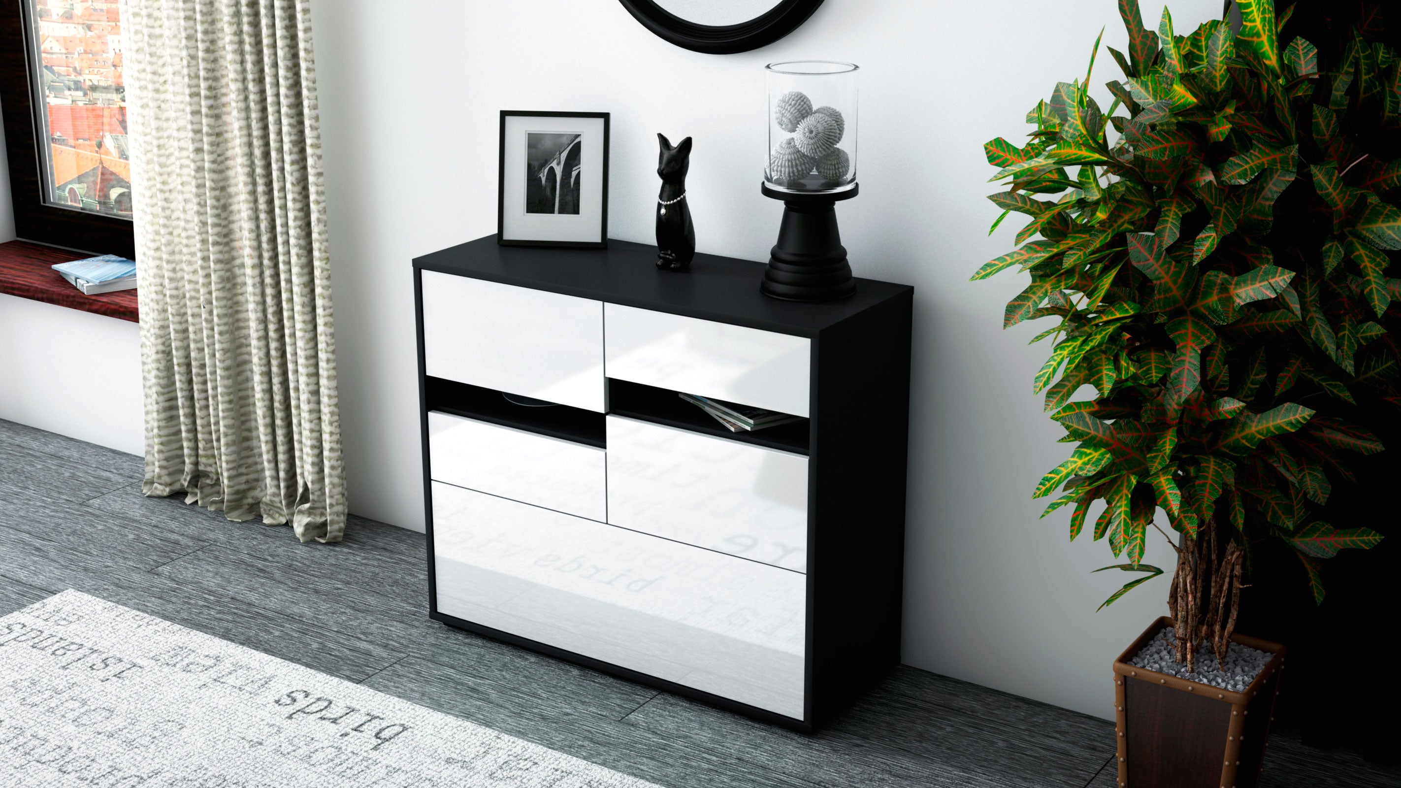 Sideboard - Daria - Design Hochglanz - Freistehend mit Push to open  92 cm Anthrazit