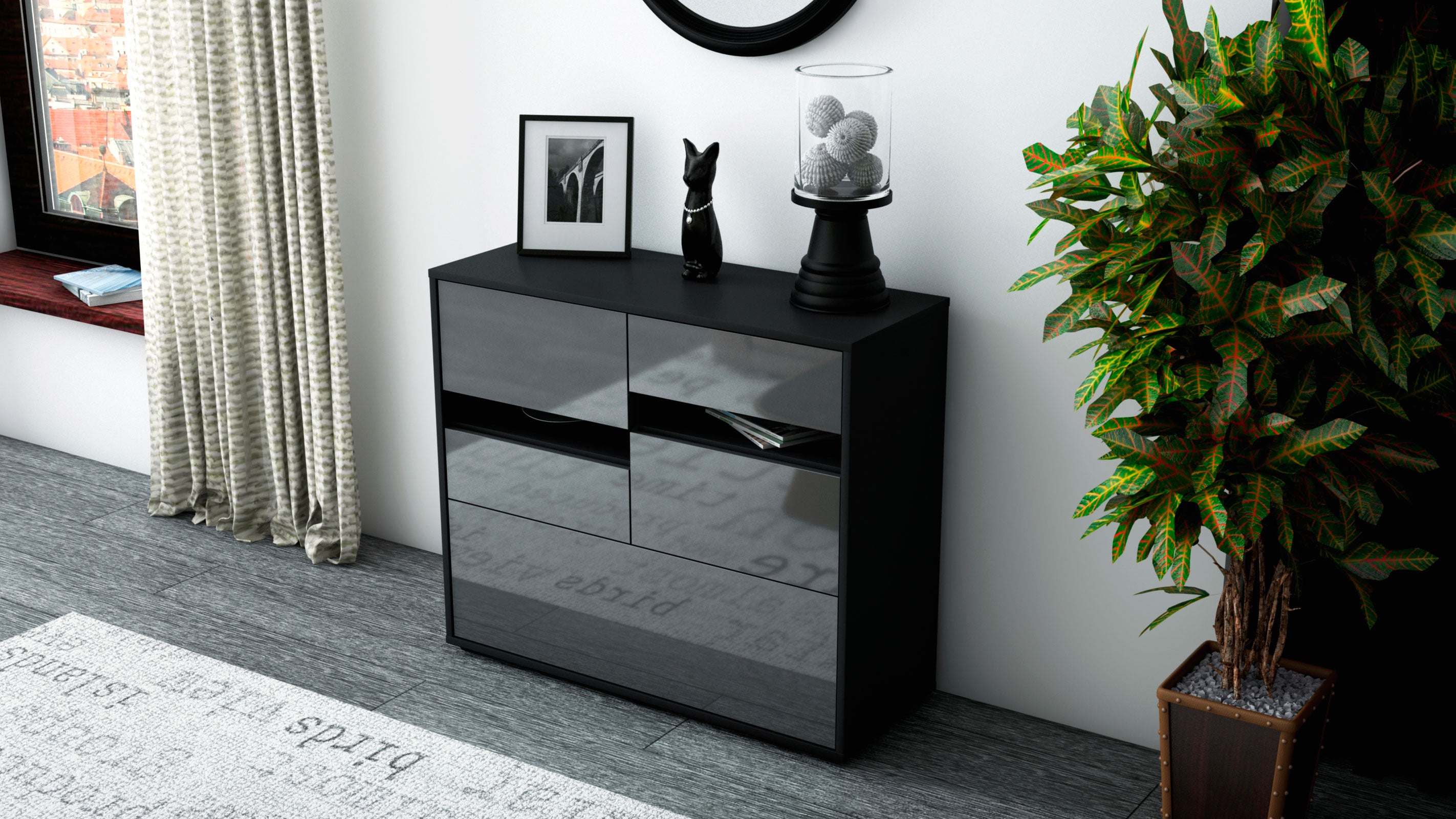 Sideboard - Daria - Design Hochglanz - Freistehend mit Push to open  92 cm Anthrazit