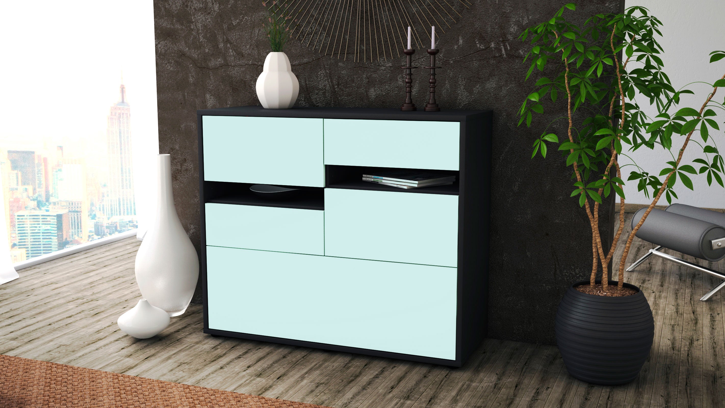 Sideboard - Daria - Design Farbakzent - Freistehend mit Push to open  92 cm Anthrazit