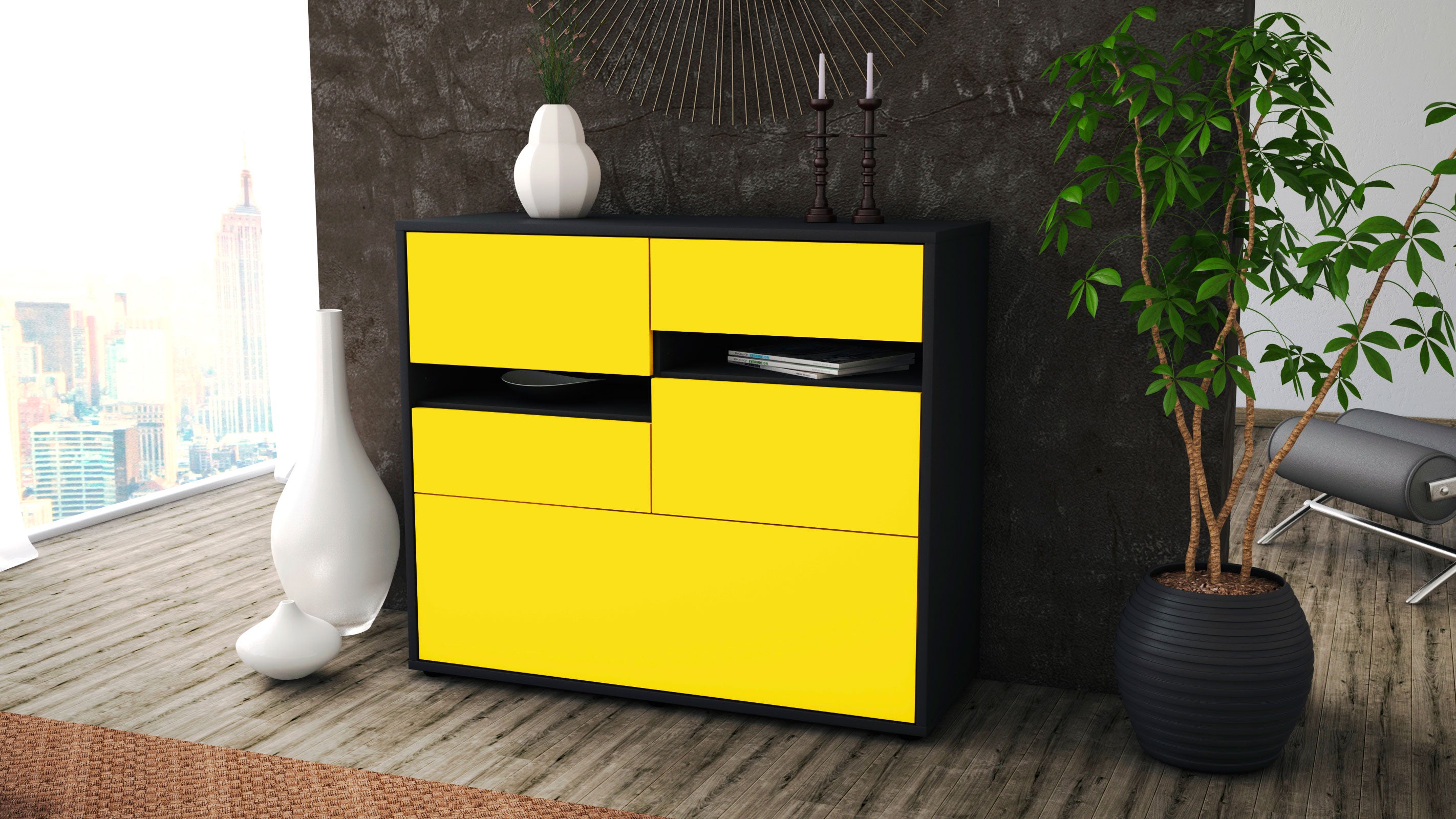 Sideboard - Daria - Design Farbakzent - Freistehend mit Push to open  92 cm Anthrazit