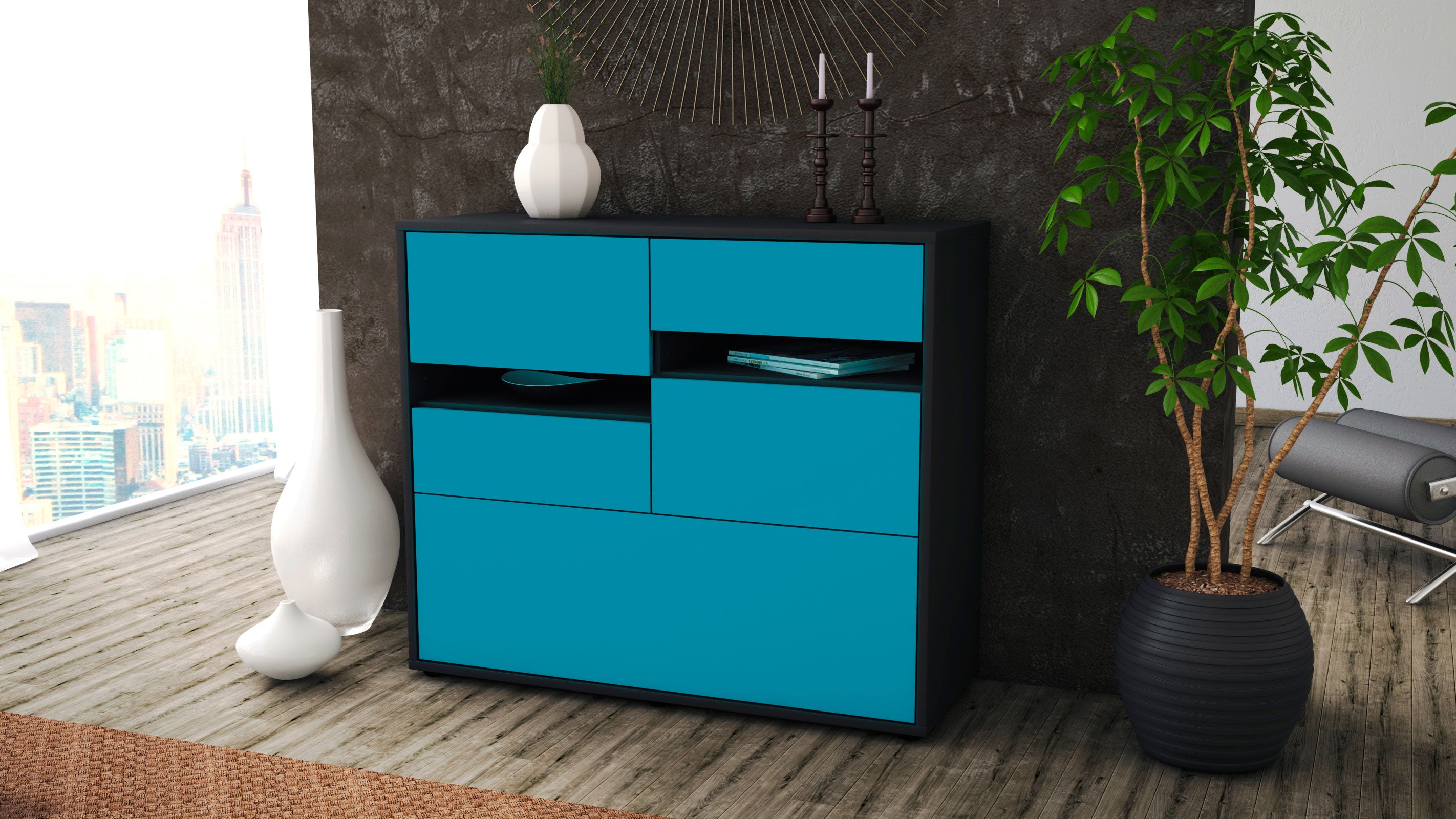 Sideboard - Daria - Design Farbakzent - Freistehend mit Push to open  92 cm Anthrazit