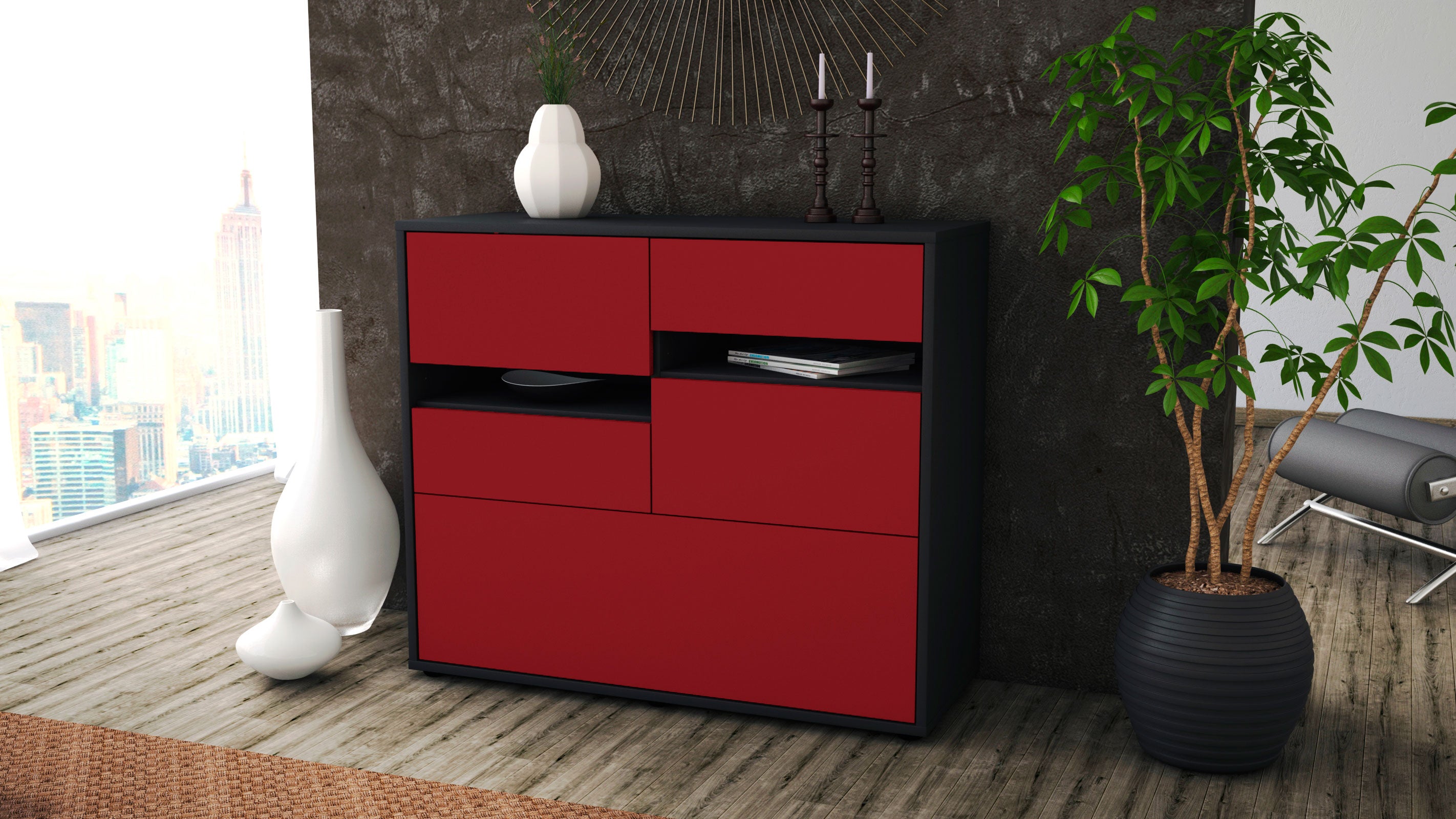 Sideboard - Daria - Design Farbakzent - Freistehend mit Push to open  92 cm Anthrazit