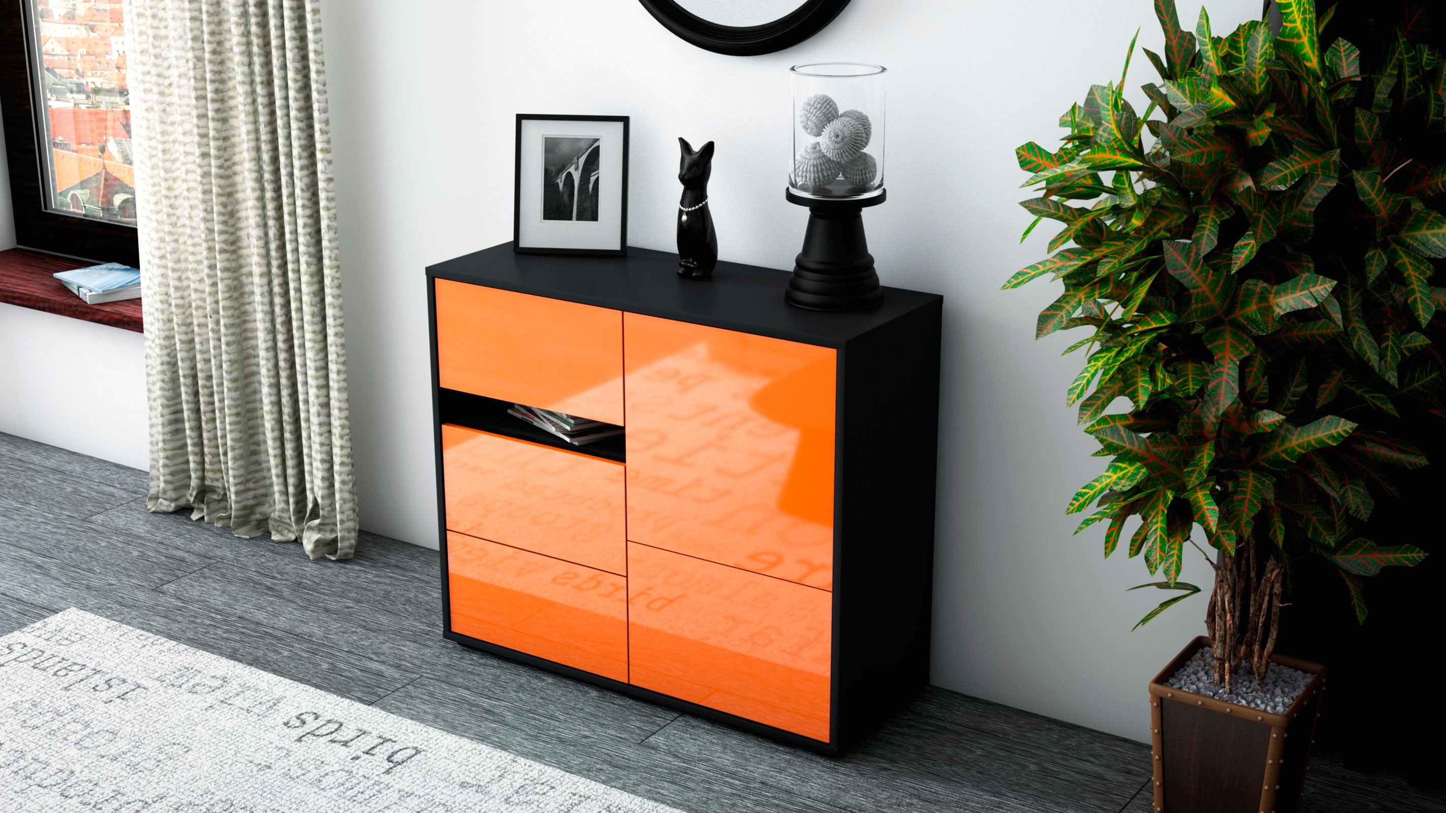 Sideboard - Davina - Design Hochglanz - Freistehend mit Push to open  92 cm Anthrazit