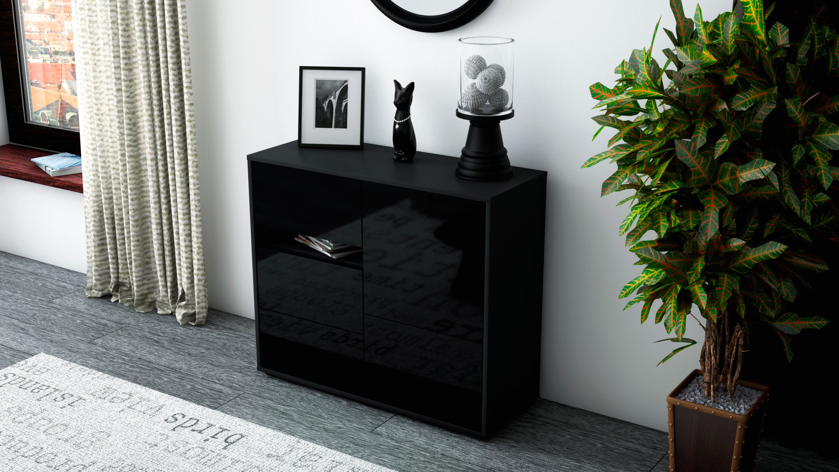 Sideboard - Davina - Design Hochglanz - Freistehend mit Push to open  92 cm Anthrazit