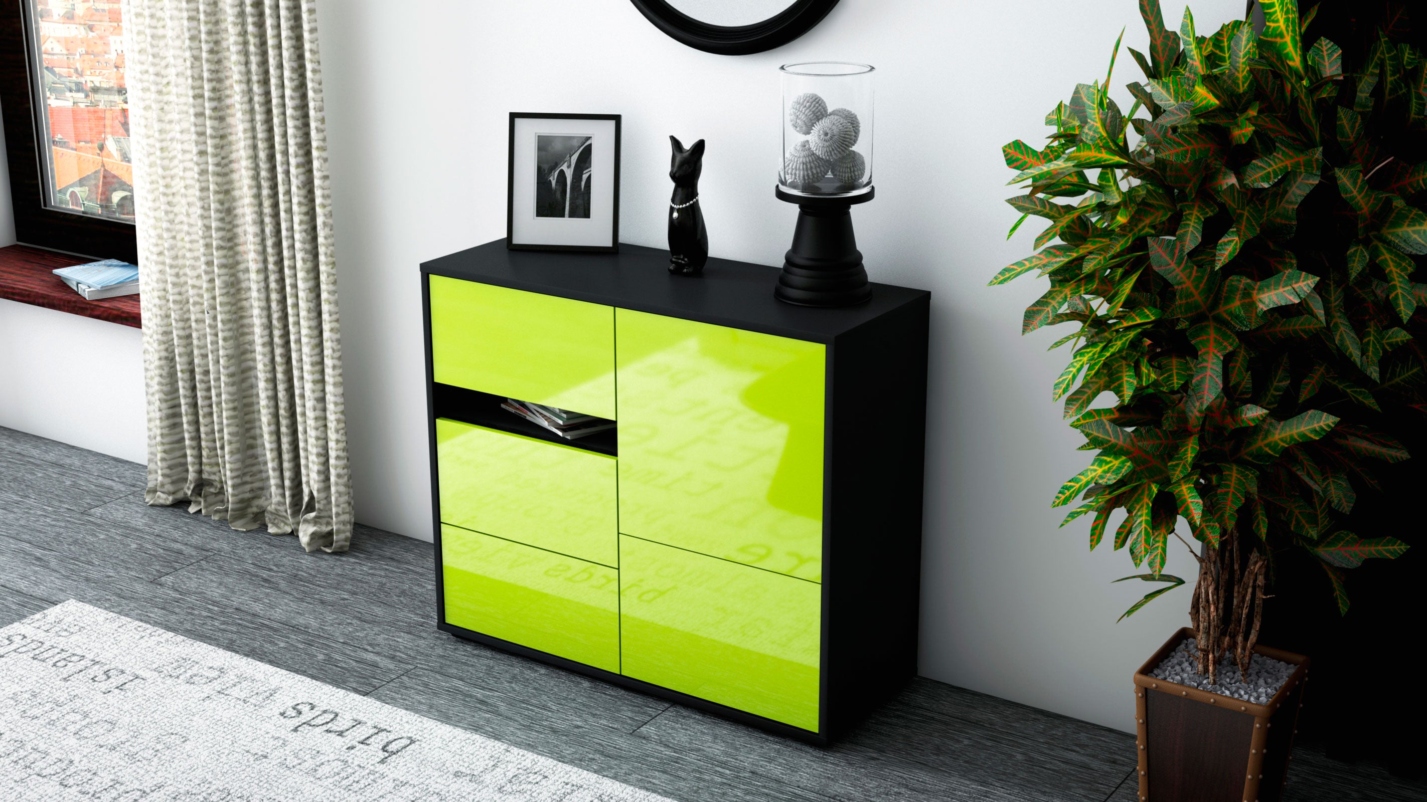 Sideboard - Davina - Design Hochglanz - Freistehend mit Push to open  92 cm Anthrazit