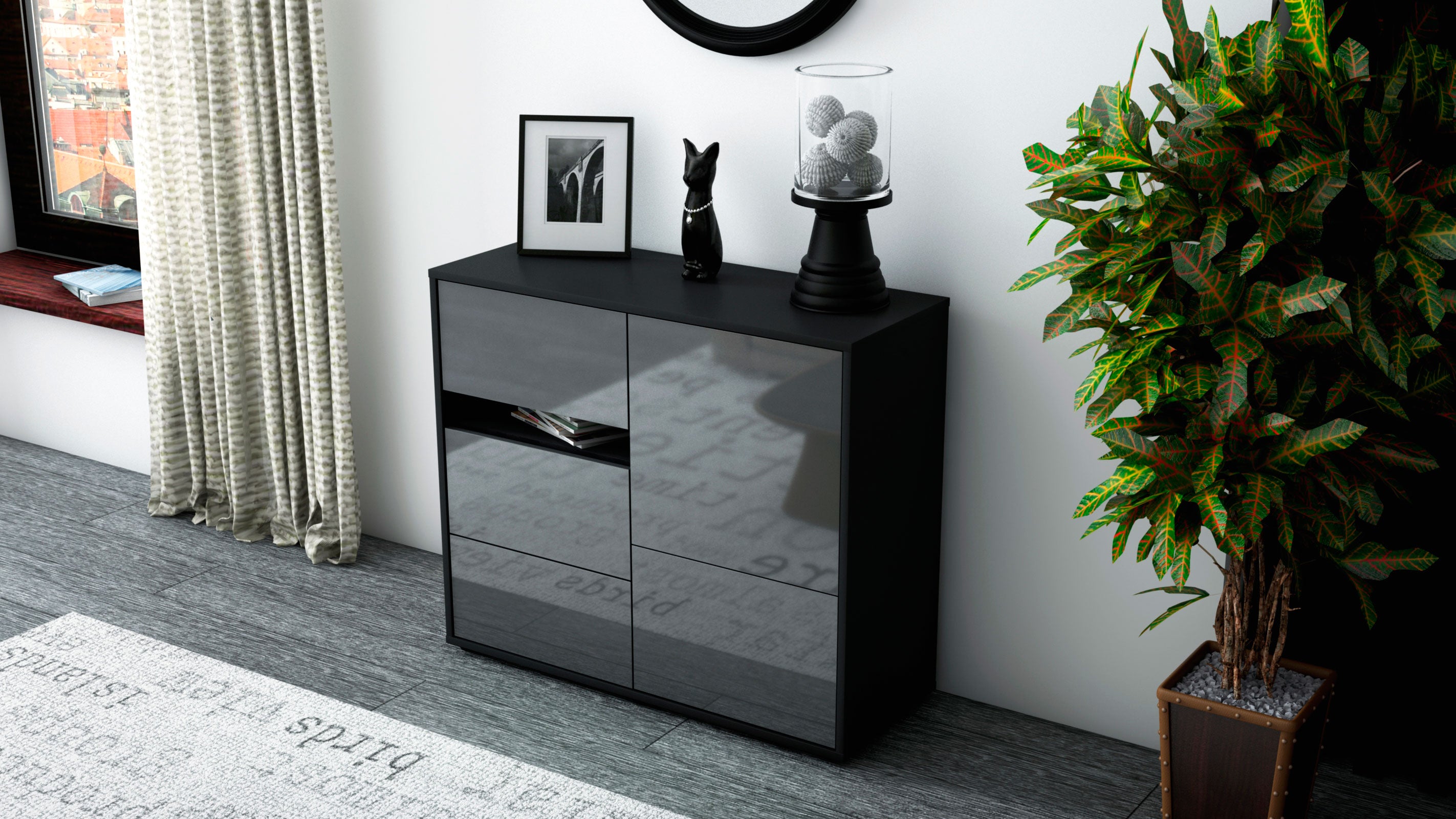 Sideboard - Davina - Design Hochglanz - Freistehend mit Push to open  92 cm Anthrazit