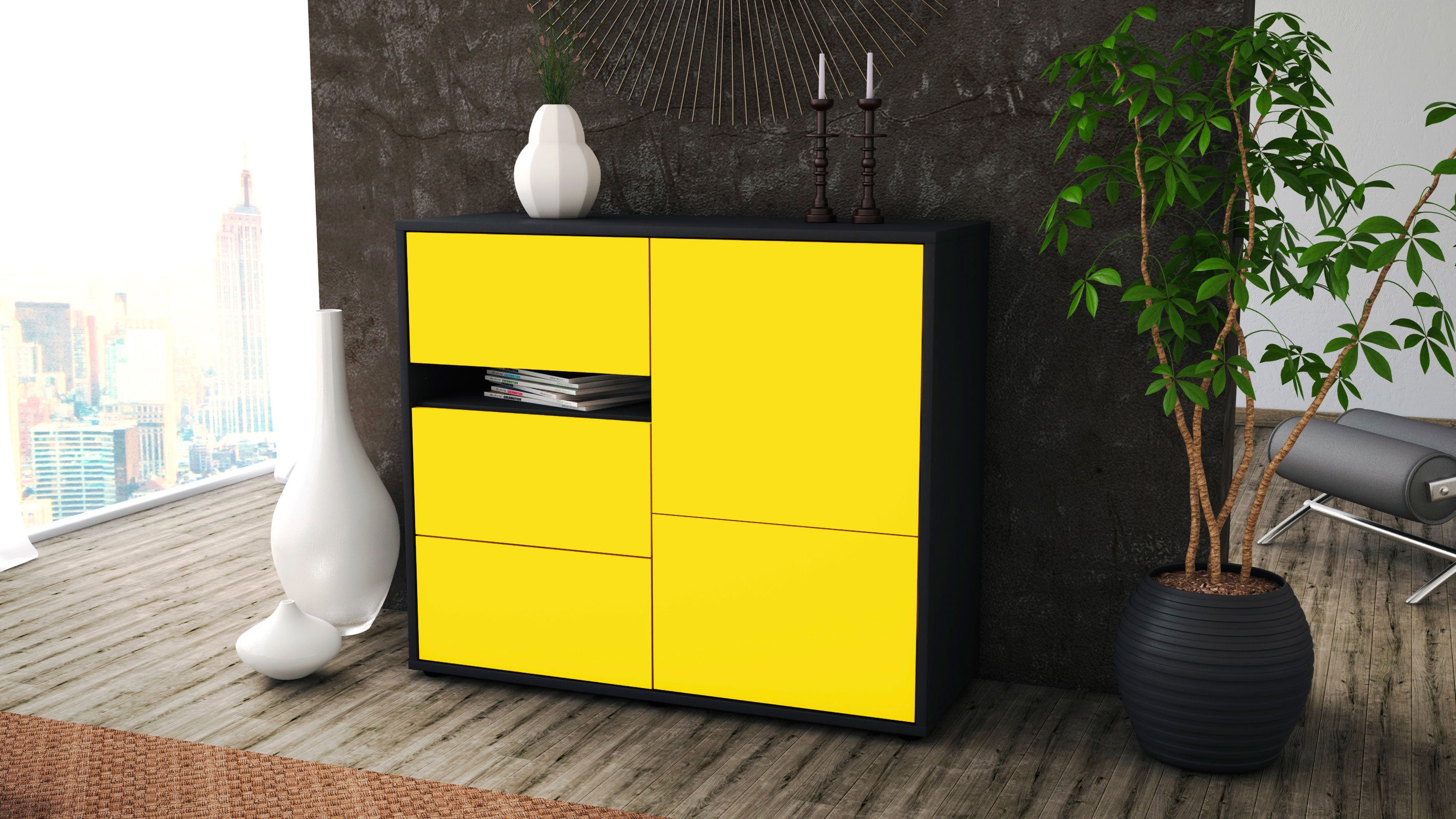 Sideboard - Davina - Design Farbakzent - Freistehend mit Push to open  92 cm Anthrazit