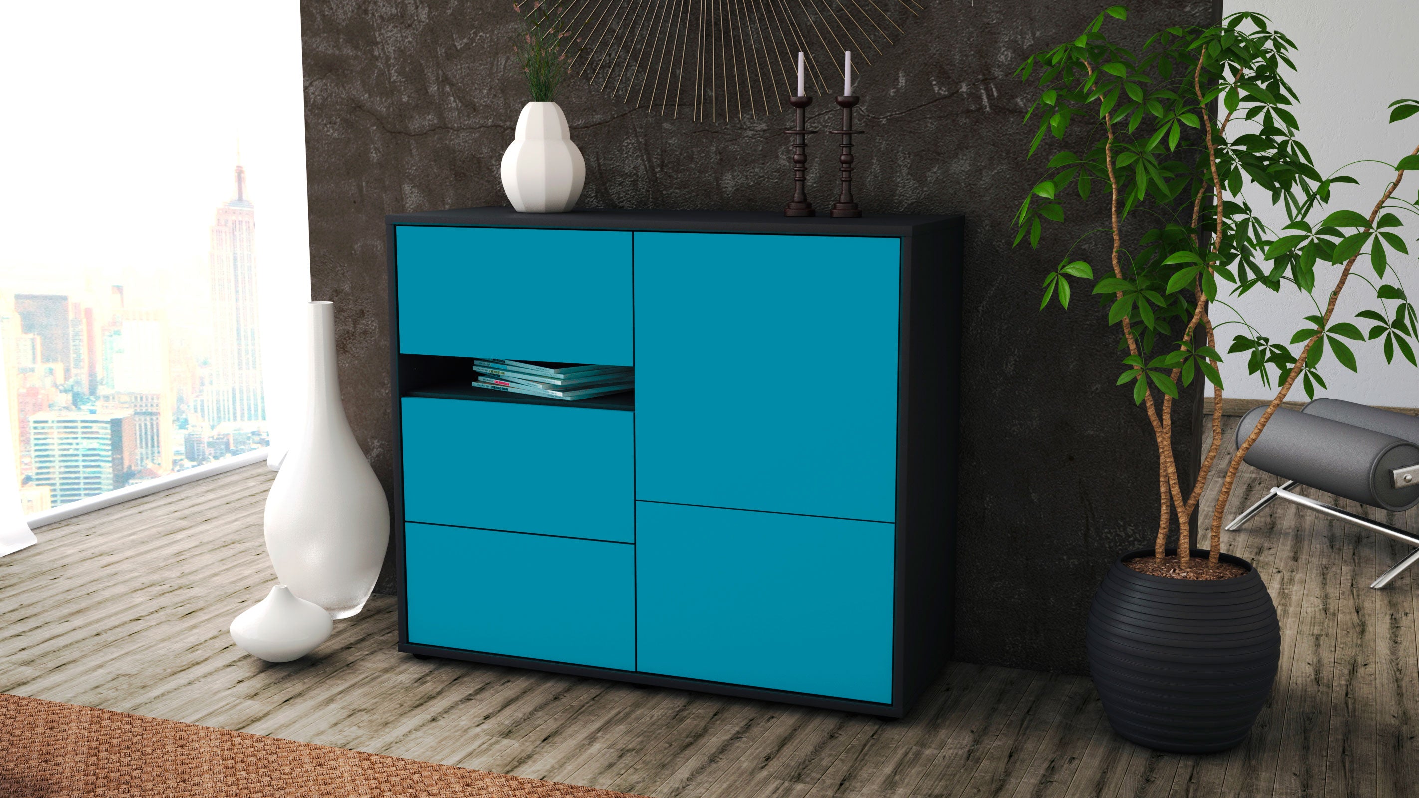 Sideboard - Davina - Design Farbakzent - Freistehend mit Push to open  92 cm Anthrazit