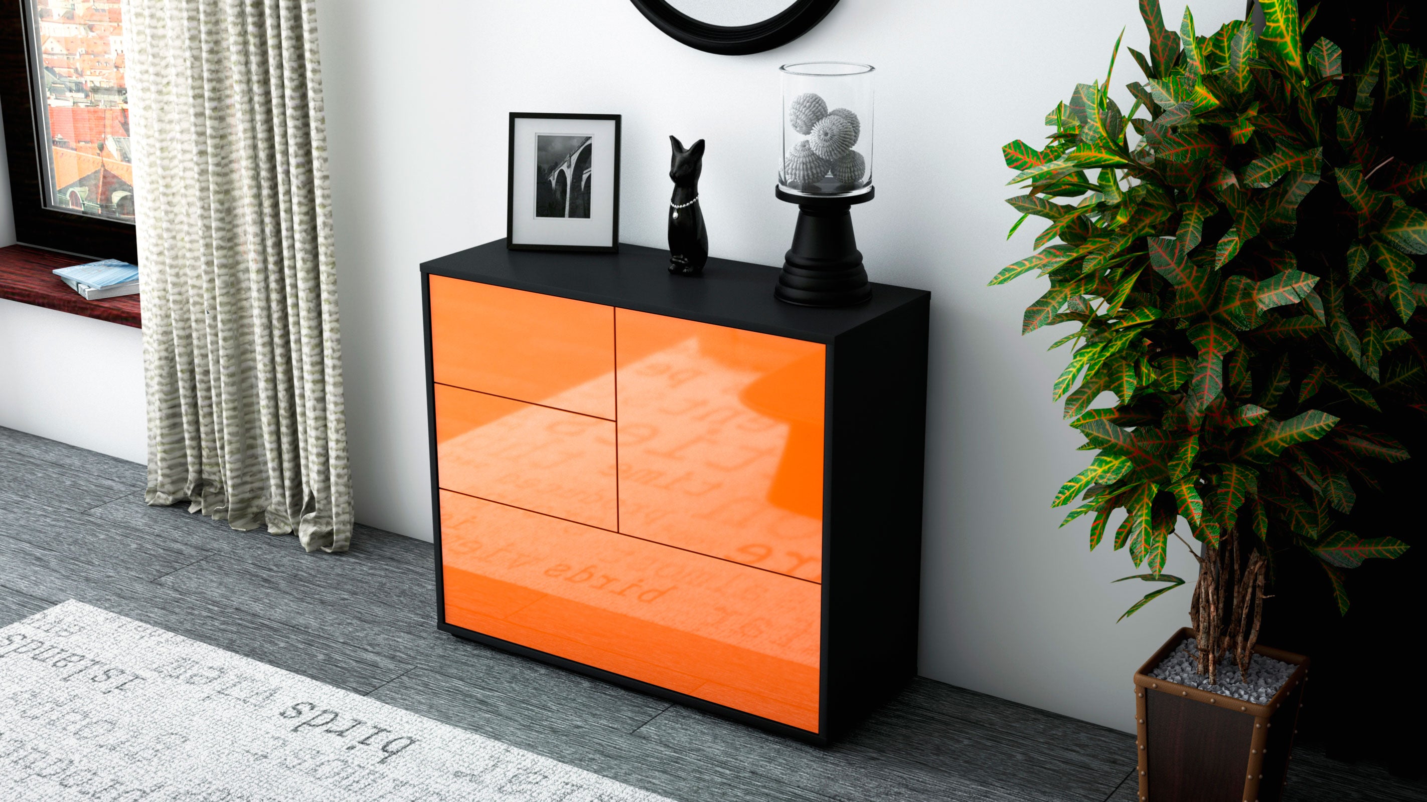 Sideboard - Deanna - Design Hochglanz - Freistehend mit Push to open  92 cm Anthrazit