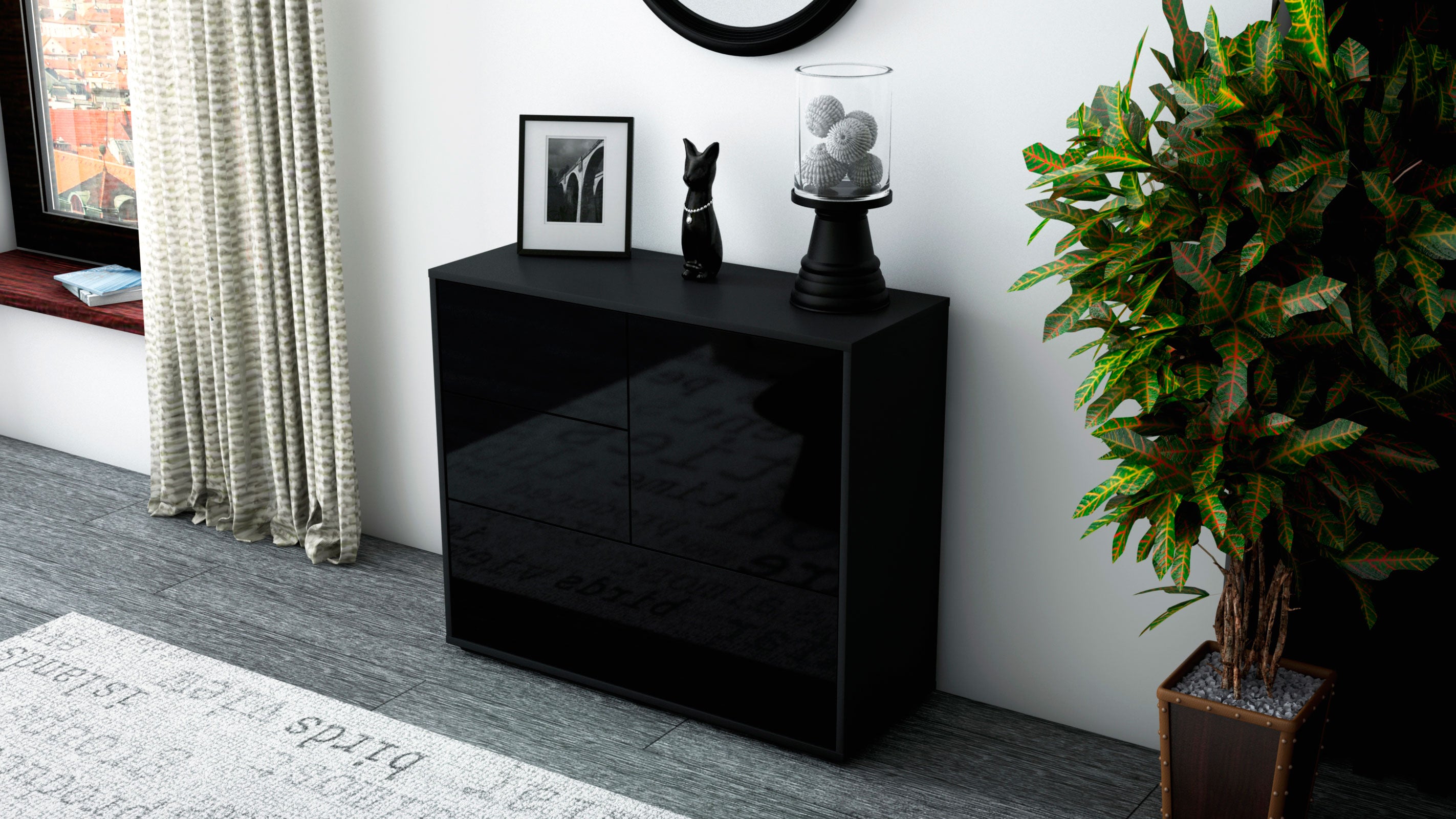 Sideboard - Deanna - Design Hochglanz - Freistehend mit Push to open  92 cm Anthrazit