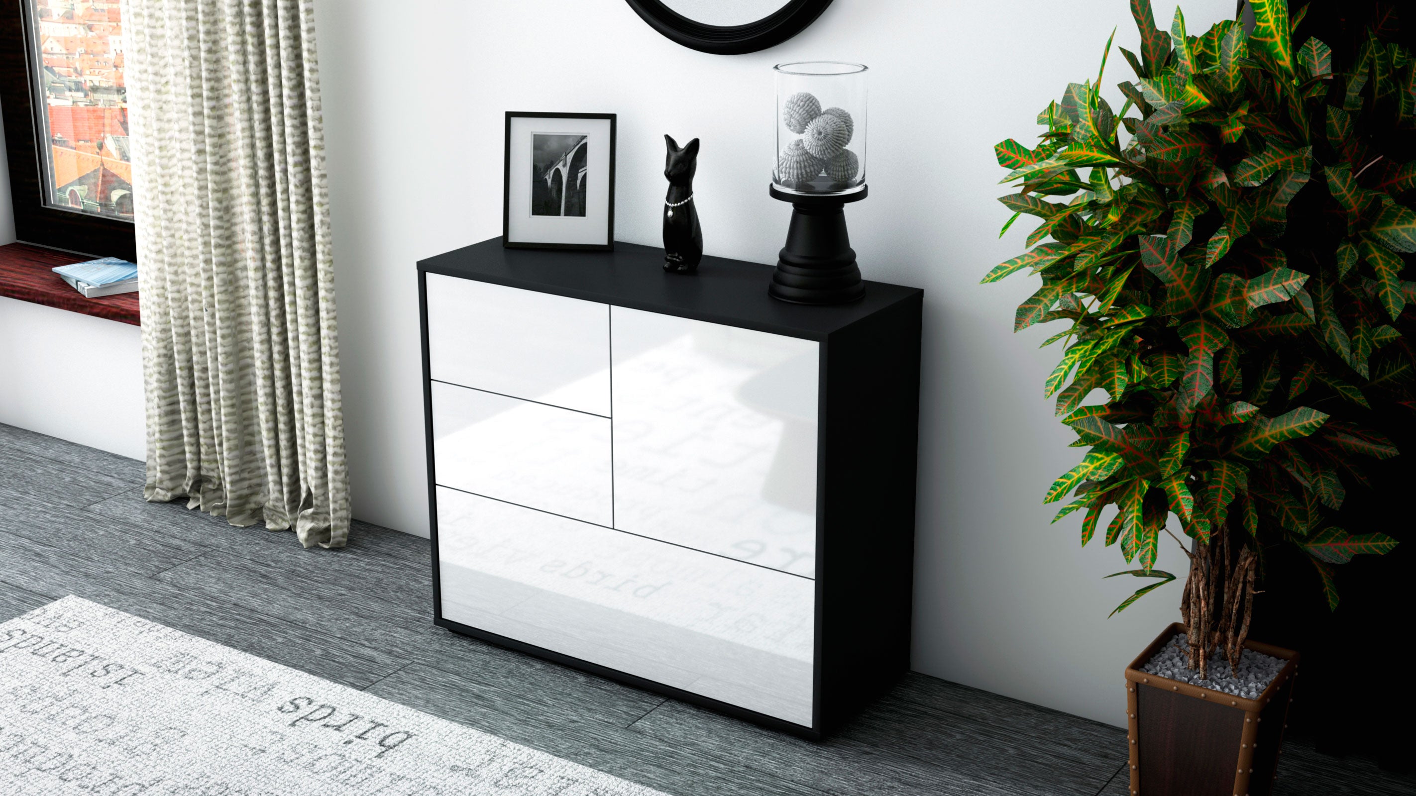 Sideboard - Deanna - Design Hochglanz - Freistehend mit Push to open  92 cm Anthrazit