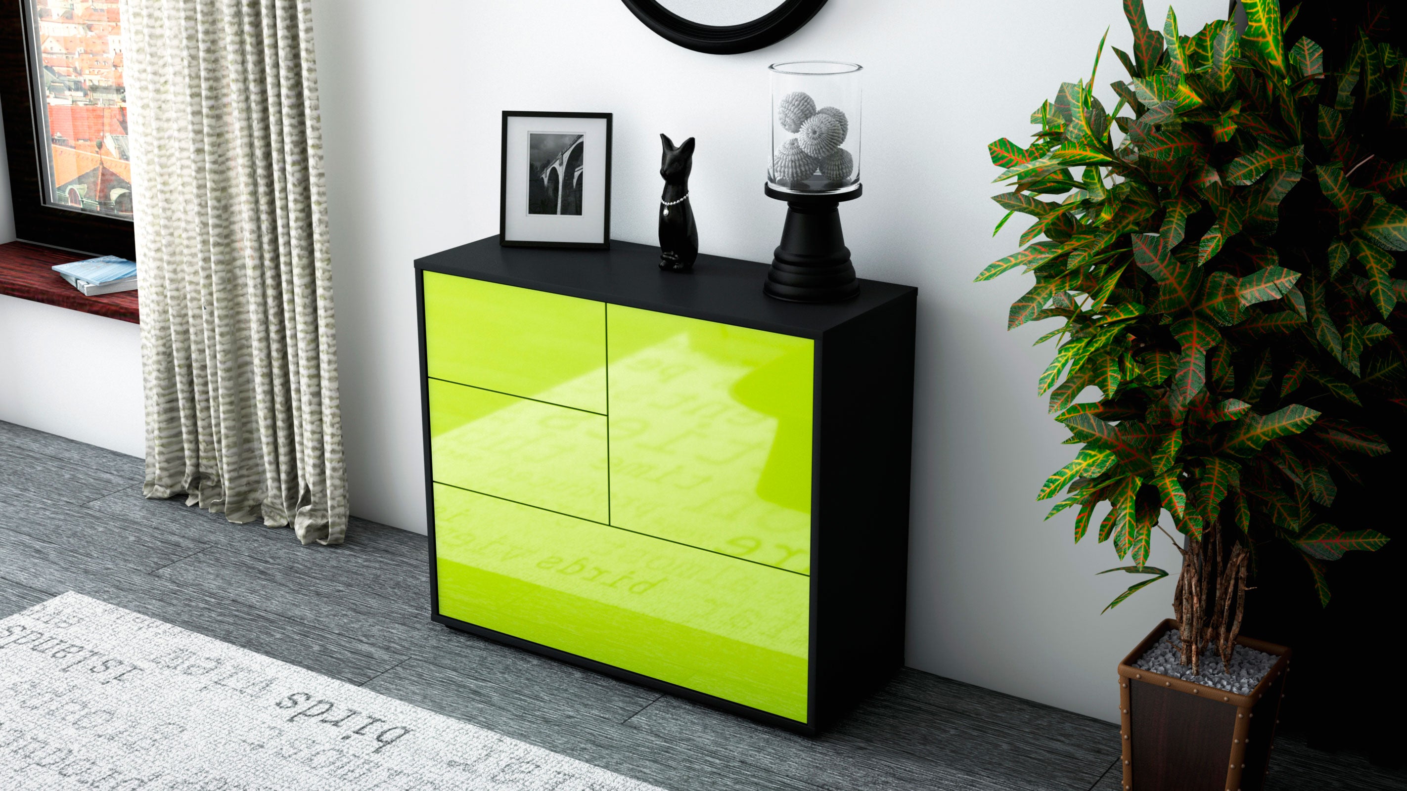 Sideboard - Deanna - Design Hochglanz - Freistehend mit Push to open  92 cm Anthrazit