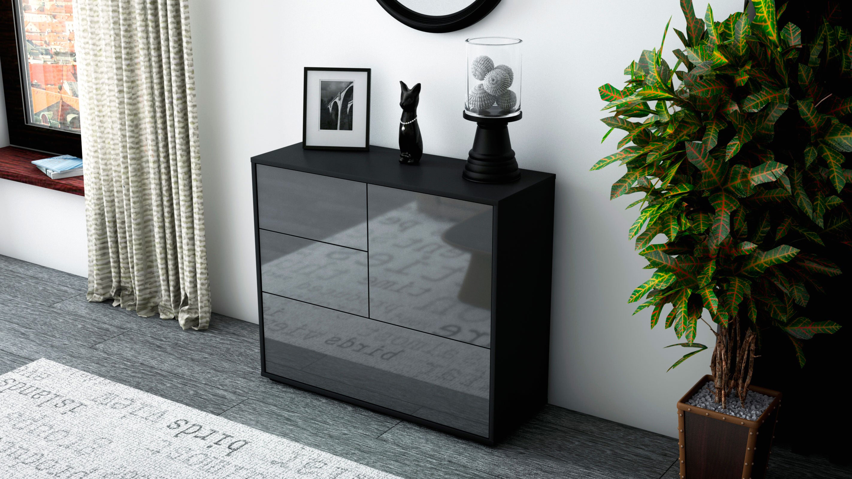 Sideboard - Deanna - Design Hochglanz - Freistehend mit Push to open  92 cm Anthrazit