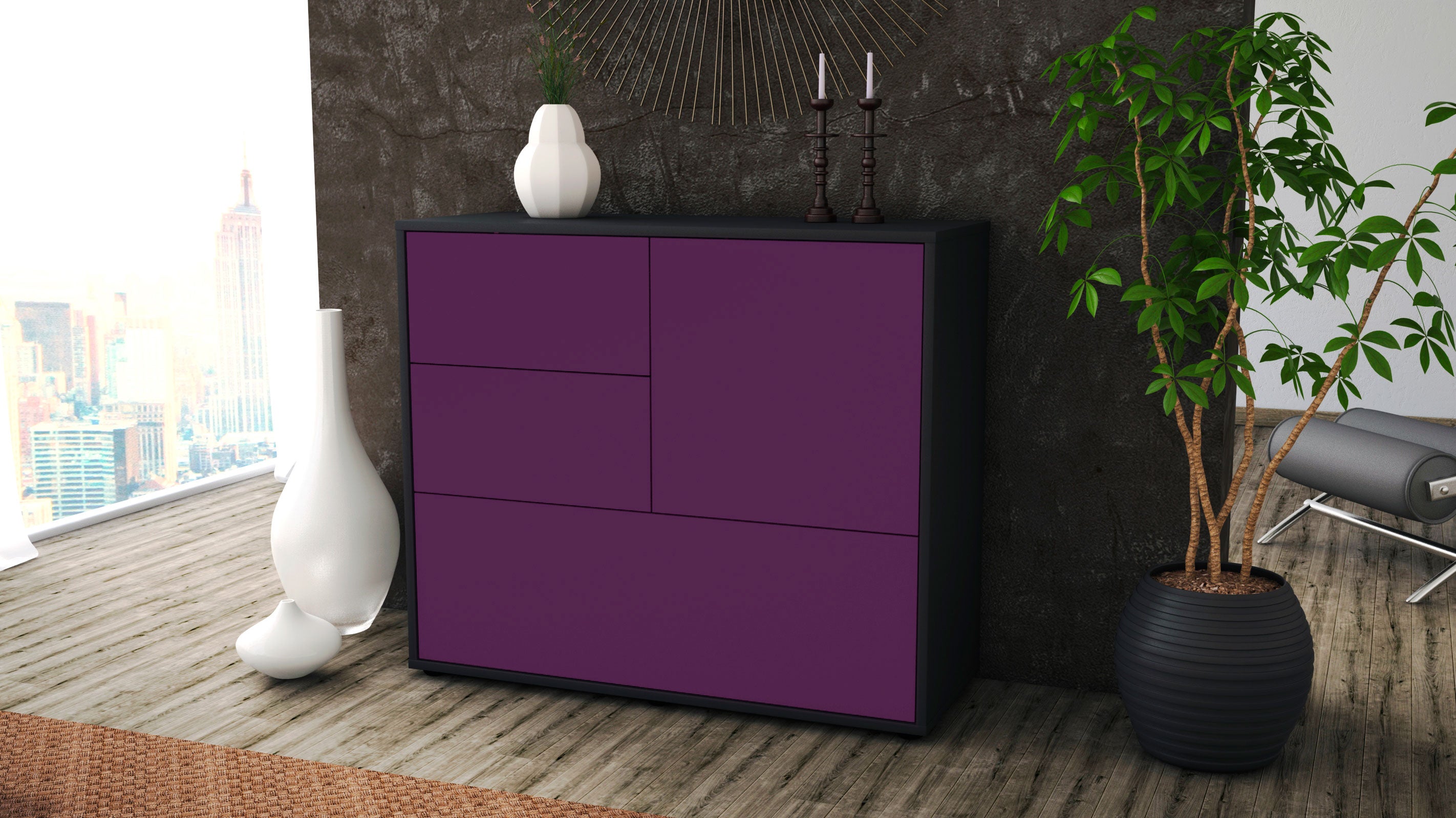 Sideboard - Deanna - Design Farbakzent - Freistehend mit Push to open  92 cm Anthrazit